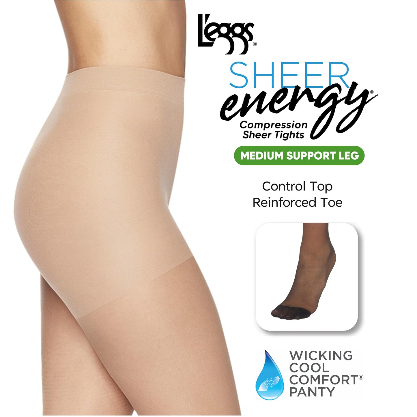 L'eggs Sheer Energy Medium Support Women's Compression Tights, Control Top, Reinforced Toe, Suntan, Size Q (Pack of 1)