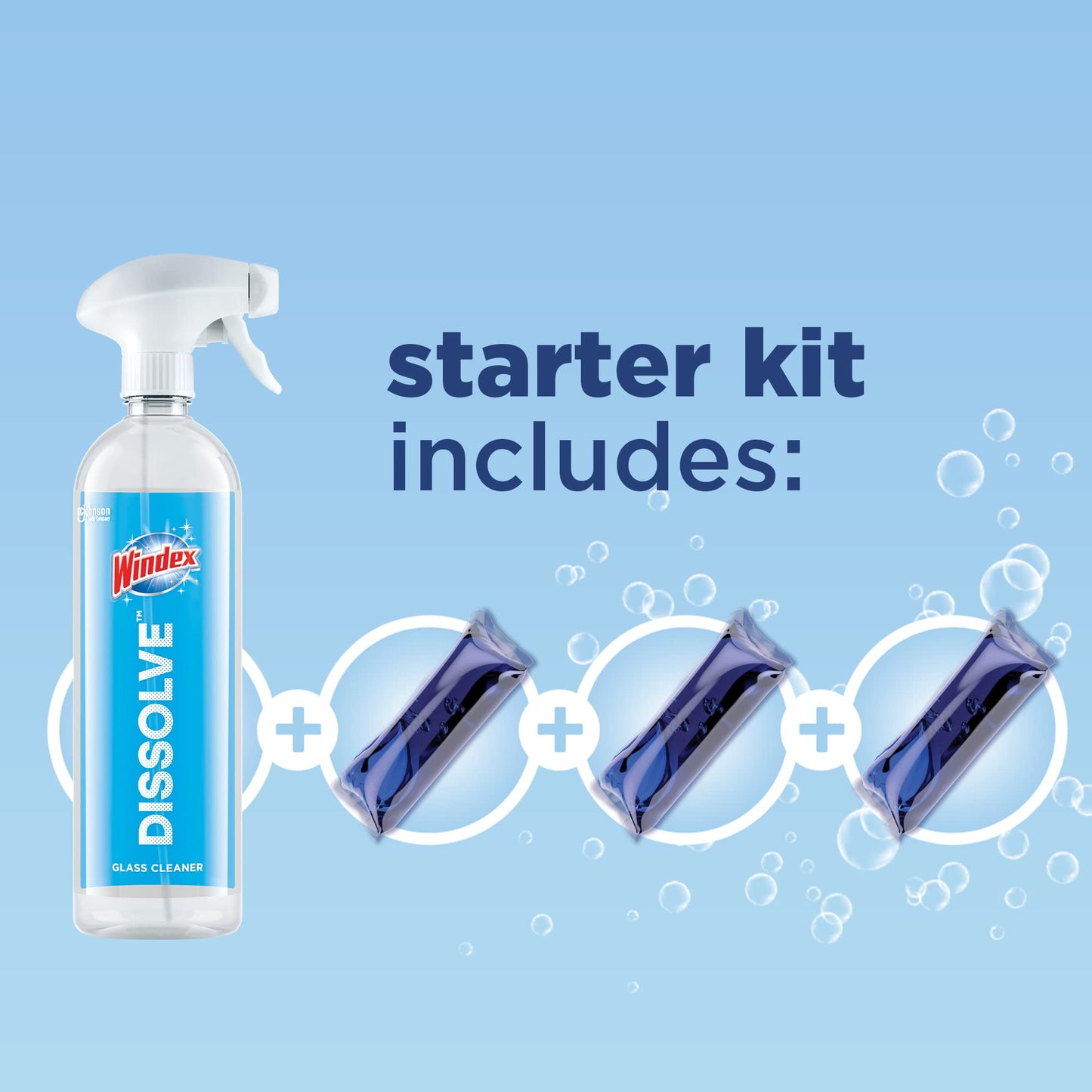 Windex Dissolve Concentrated Pods, Glass Cleaner Starter Kit contains 1 Reusable Bottle, 3 Concentrated Dissolvable Pod