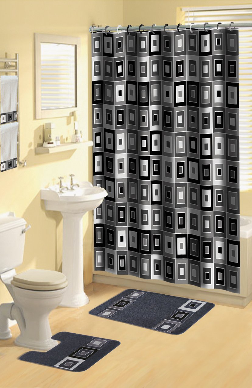 Home Dynamix Boutique Deluxe Shower Curtain and Bath Rug Set: BOU 7 Blocks Black: 17 Piece Bath Set