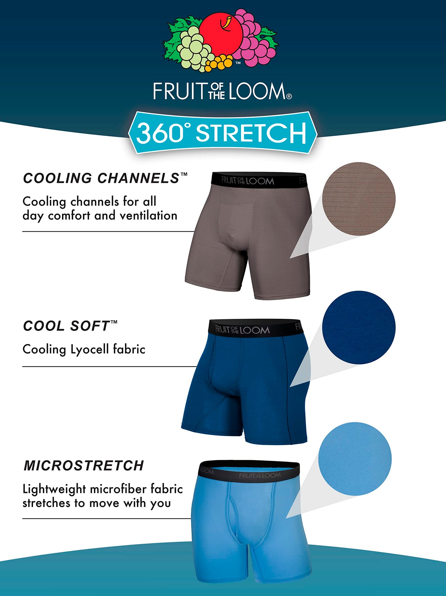 Fruit of the Loom Men's 360 Stretch Boxer Briefs (Quick Dry & Moisture Wicking), Cooling Channels-6 Pack-Colors May Vary, X-Large