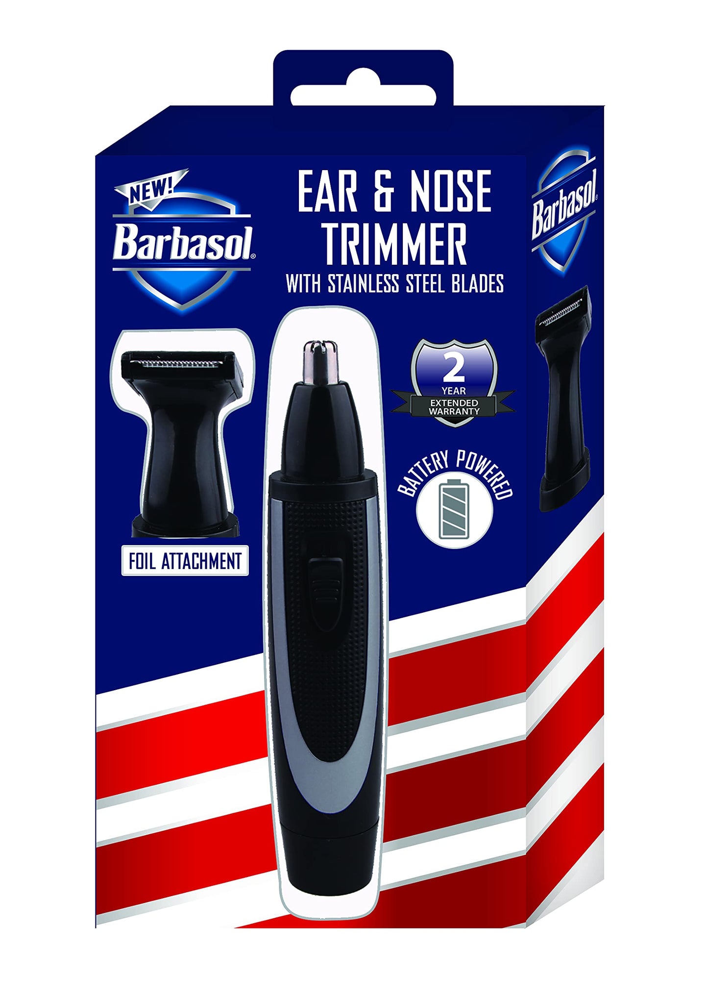 Barbasol Battery Powered Electric Ear and Nose Trimmer With Stainless Steel Blades, Foil Attachment, Detail Trimmer and Stand