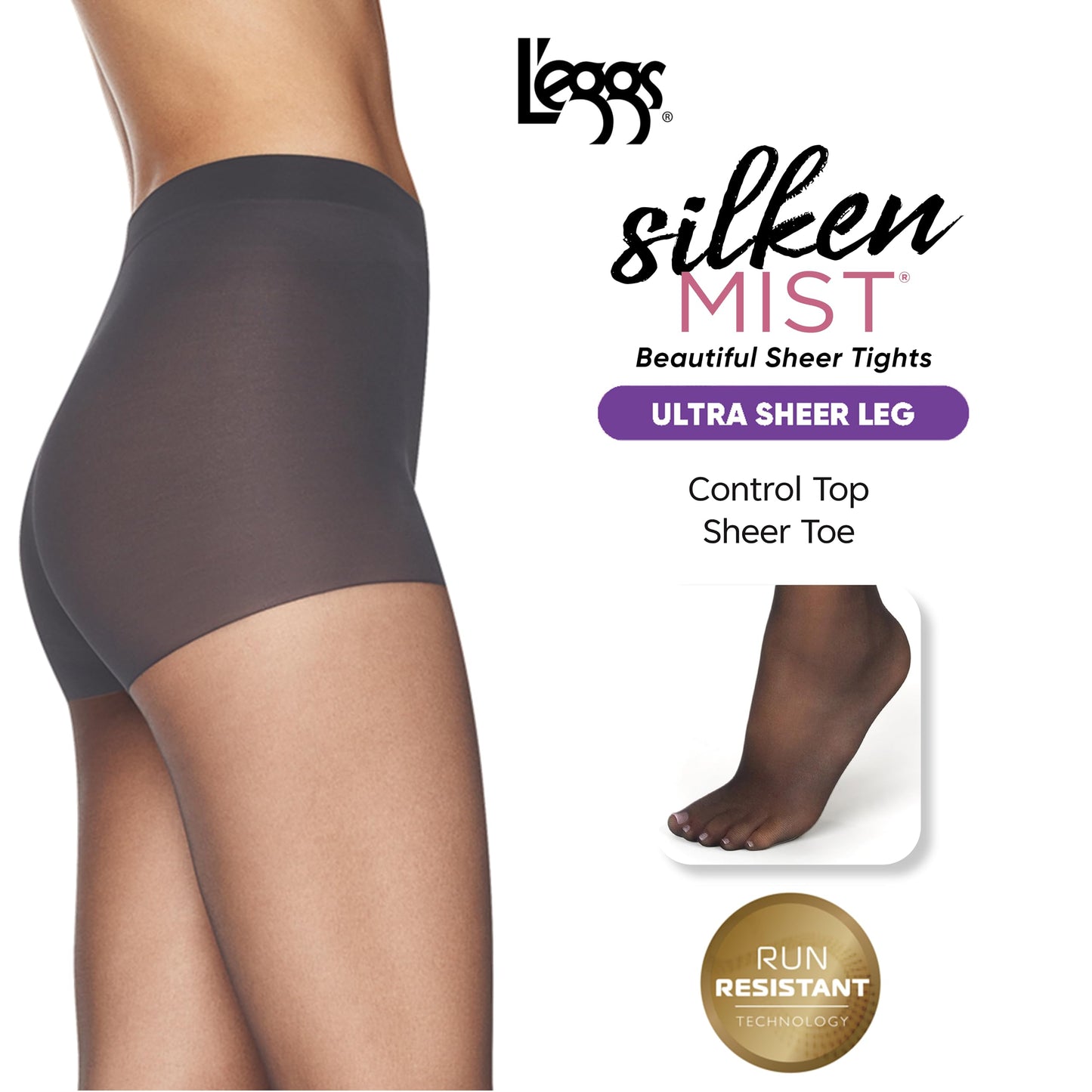 L'eggs Silken Mist Ultra Sheer Women's Tights with Run Resist, Control Top, Sheer Toe, Nude, Size Q (Pack of 3)
