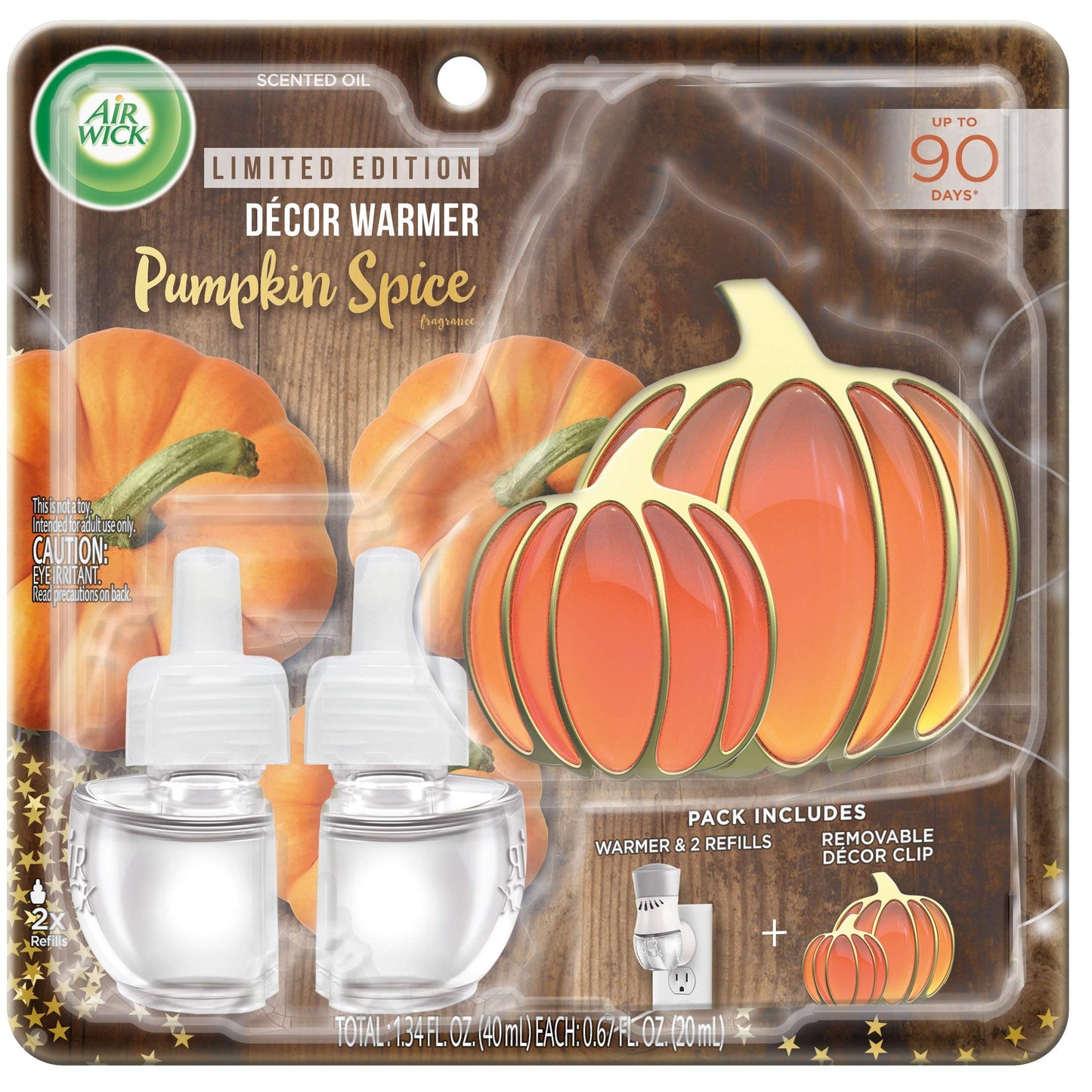 Air Wick Plug in Scented Oil Starter Kit with Pumpkin Free Decorative Warmer + 2 Refills, Pumpkin Spice, Fall Scent, Fall Spray, (2x0.67oz), Essential Oils, Air Freshener