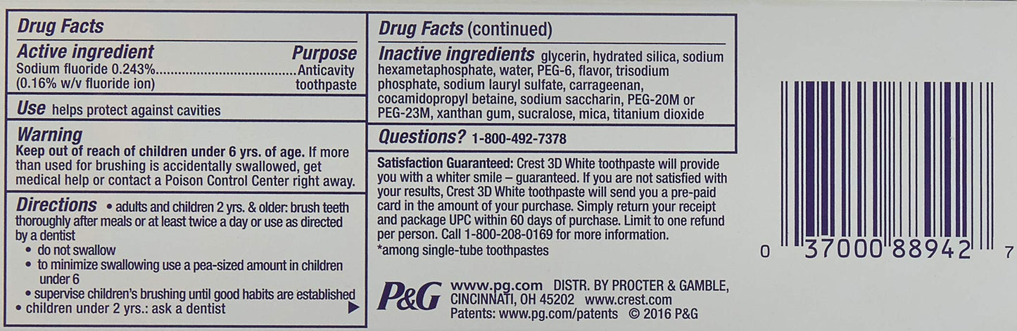 Crest 3D White Brilliance Toothpaste, Vibrant Peppermint, 4.1 Ounce, Pack of 2