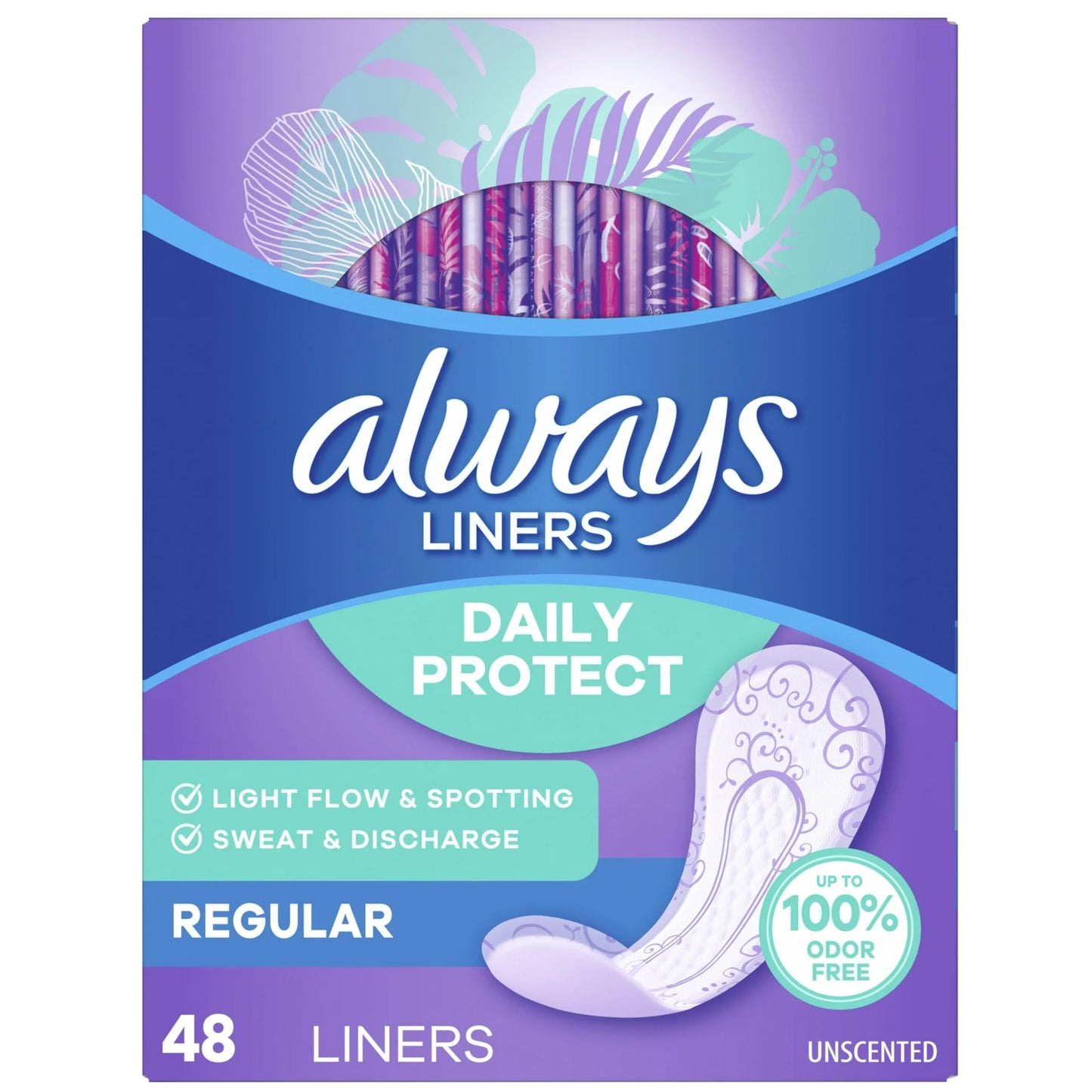 Always Radiant Pantyliners, Regular, Unscented, 48 Count, 2 Pack. (Includes 96 Pantiliners Total.)