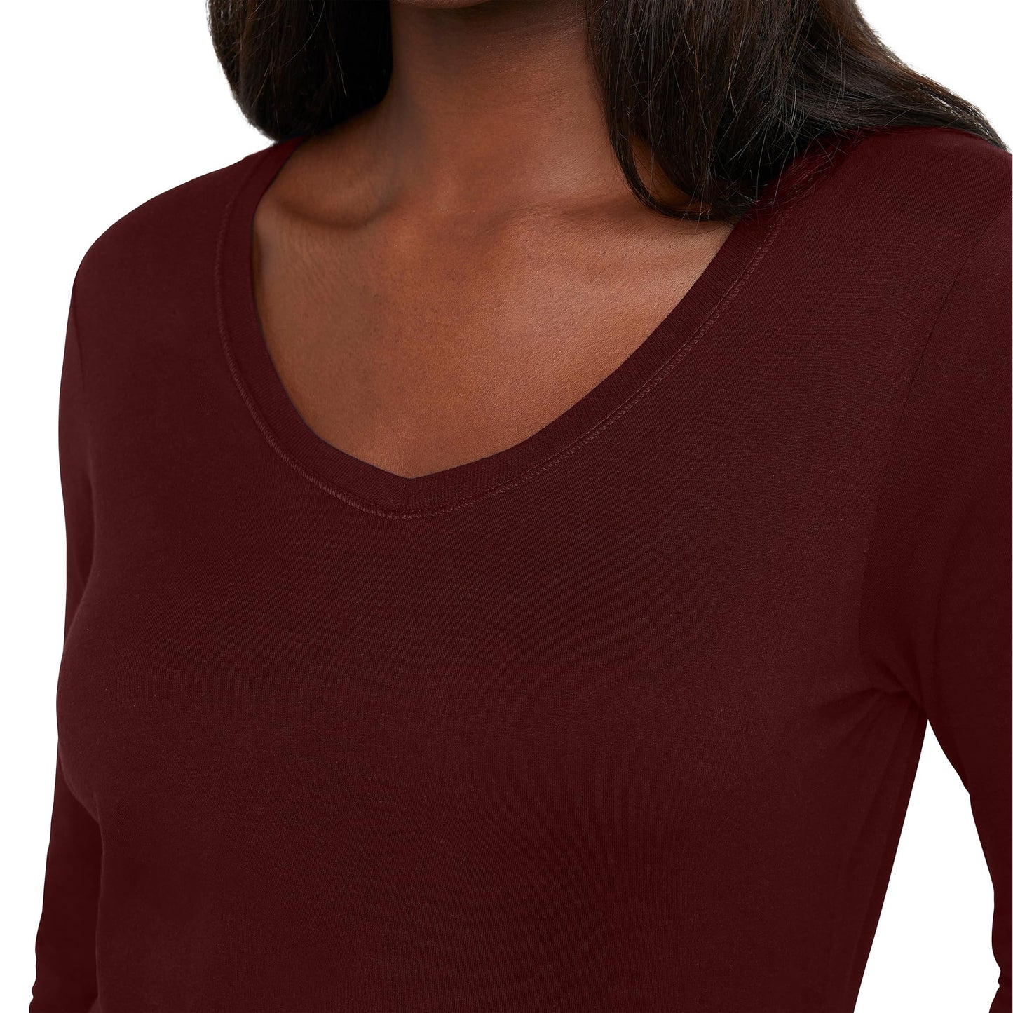 Hanes Comfortblend Women's Originals Long Sleeve Cotton T-Shirt, Lightweight V-Neck Tee, Modern Fit, Mulled Berry