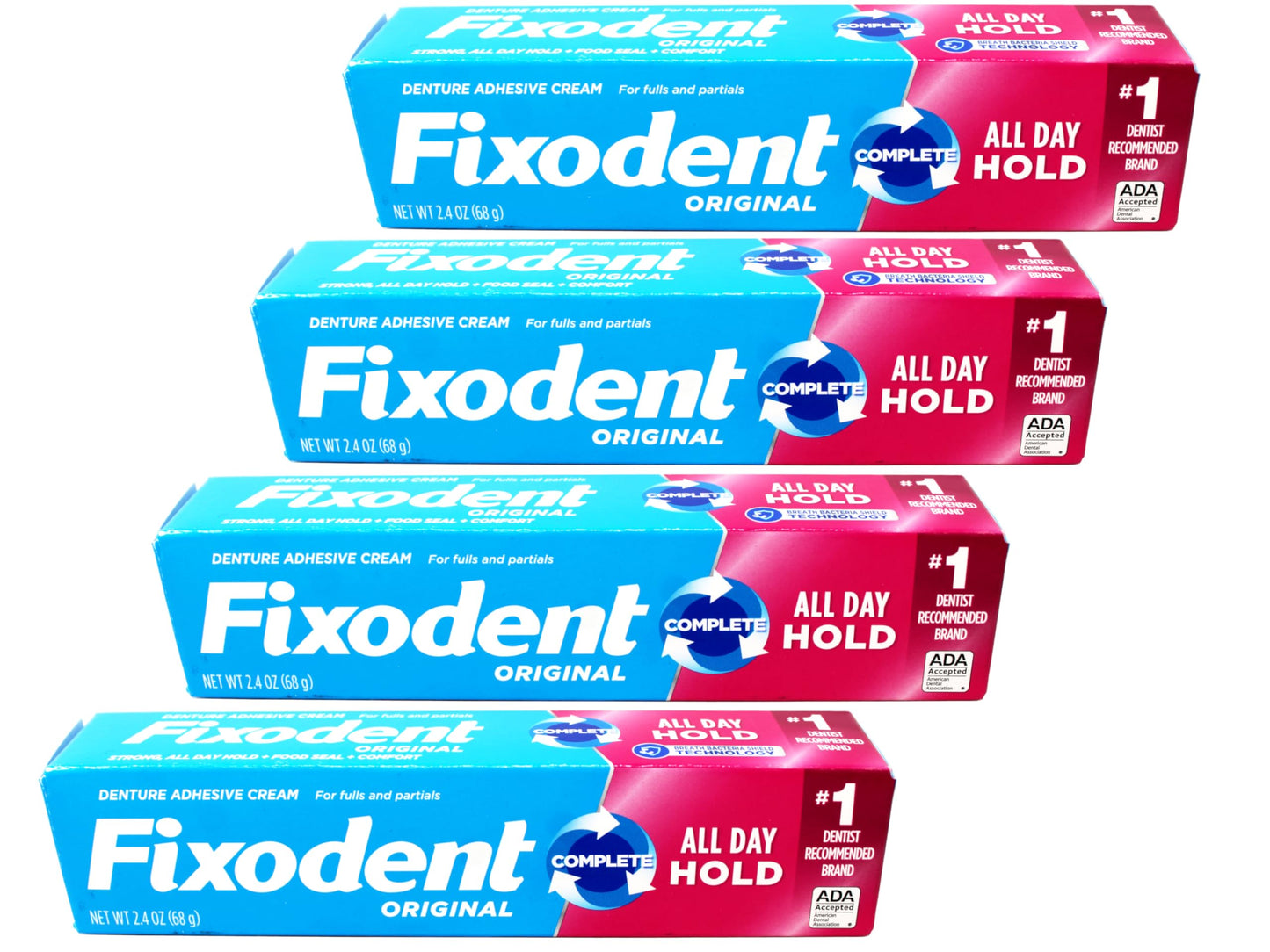 Fixodent Denture Adhesive Cream 4 Count, 2.4 Ounce Each