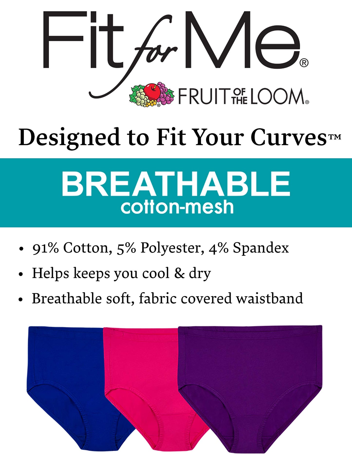 Fruit Of The Loom Womens Fit For Me Plus Size Underwear, Designed To Your Curves, Brief - Breathable Cotton Mesh - Assorted, 13 Plus