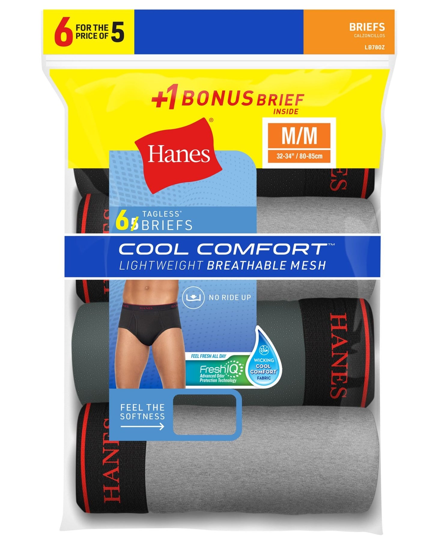 Hanes Mens FreshIQ Cool Comfort Breathable Mesh 6-Pack Sport Brief, XL, Assorted