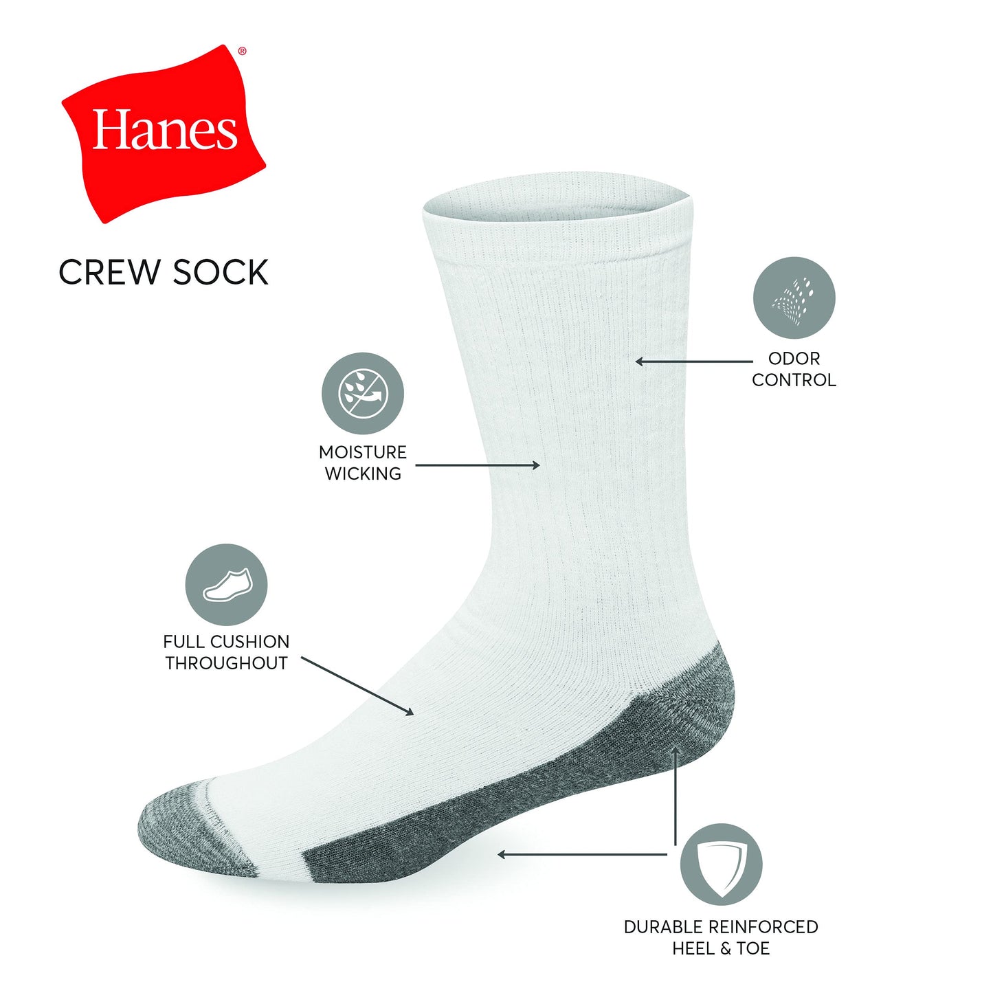 Hanes Ultimate Men Socks, 6-pair Hanes Ultimate Men s 6 Pack Ultra Cushion FreshIQ Odor Control with Wicking Crew Socks White, White, One Size US