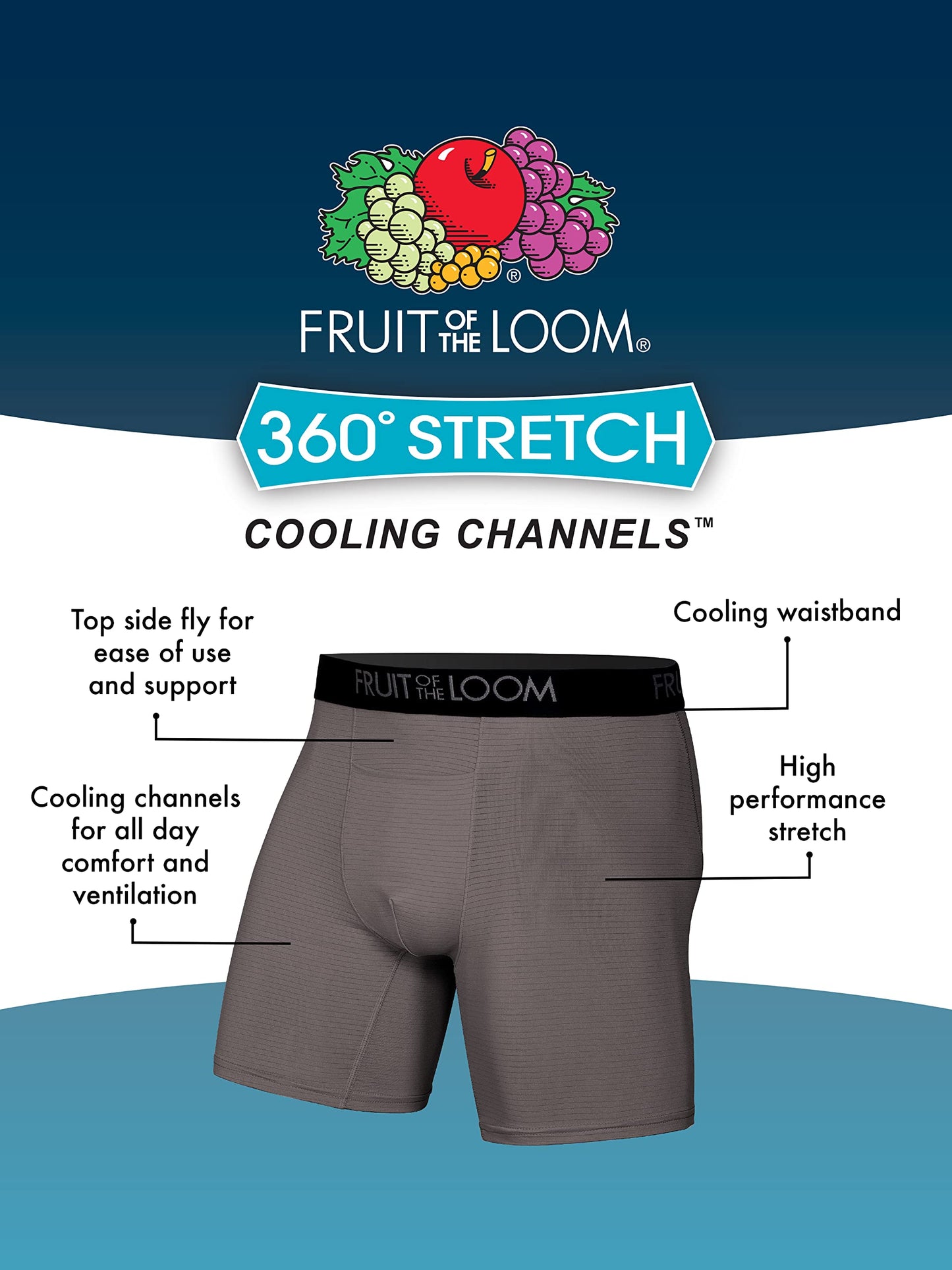 Fruit of the Loom Men's 360 Stretch Boxer Briefs (Quick Dry & Moisture Wicking), Cooling Channels-6 Pack-Colors May Vary, X-Large