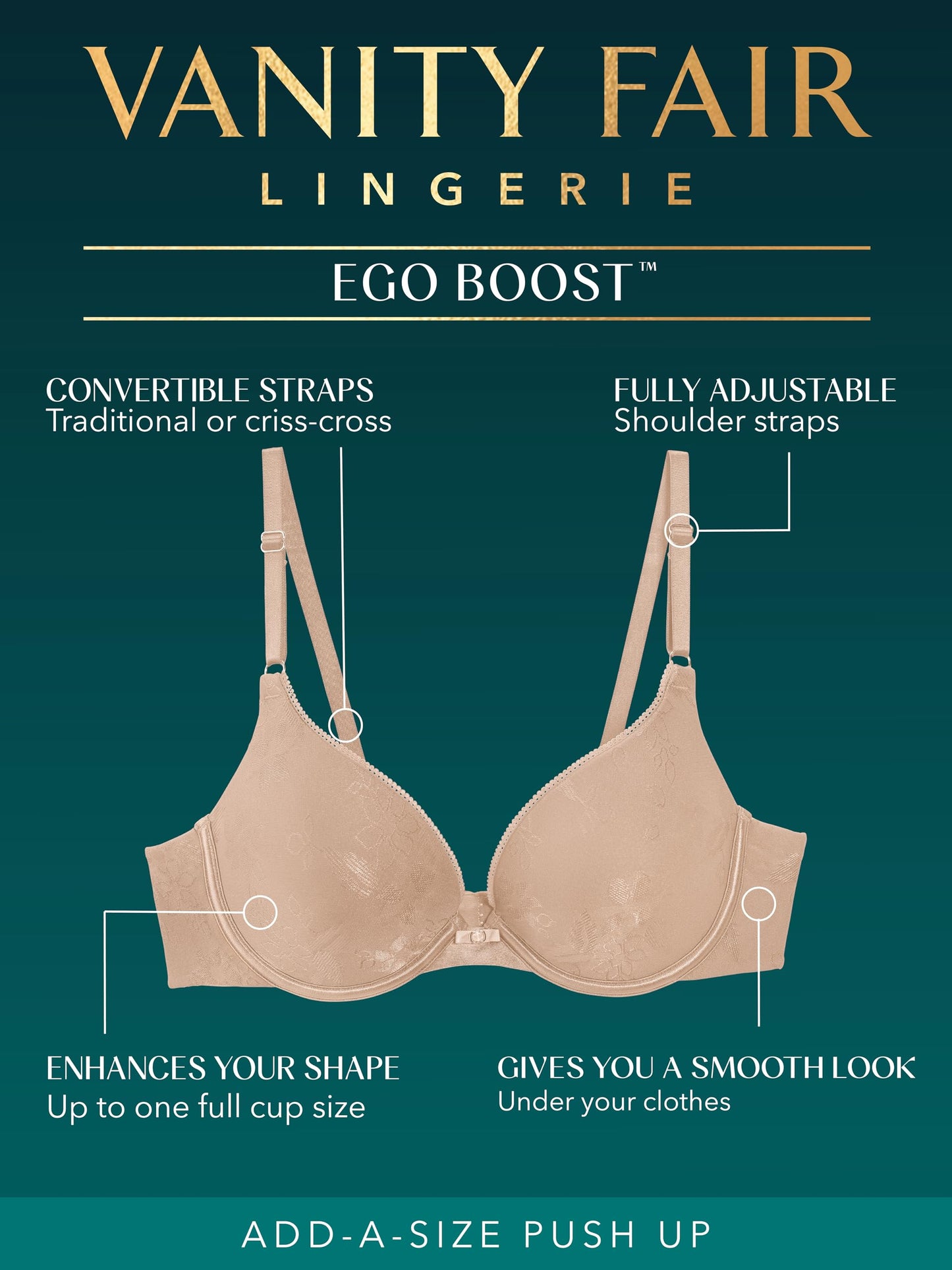 Vanity Fair Ego Boost, Adds Up to One Full Cup Size, Underwire Push Up Bras for Women, Ghost Navy, 36B