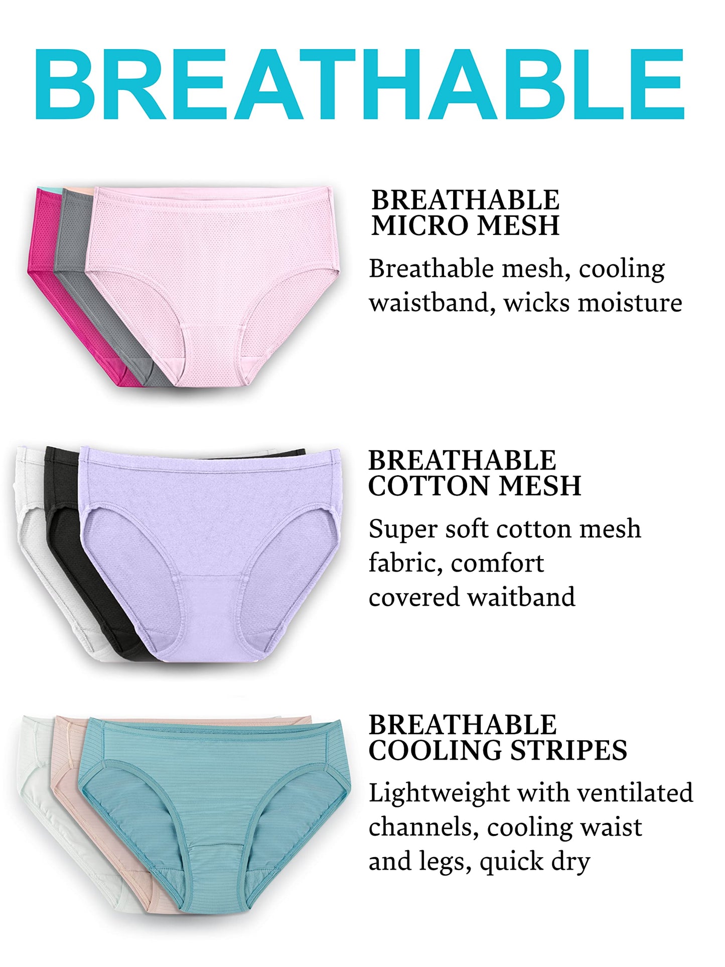Fruit Of The Loom Womens Breathable Underwear, Moisture Wicking Keeps You Cool & Comfortable, Available In Plus Size Briefs, Micro Mesh - Low Rise Brief - 6 Pack - Colors May Vary, 10 US
