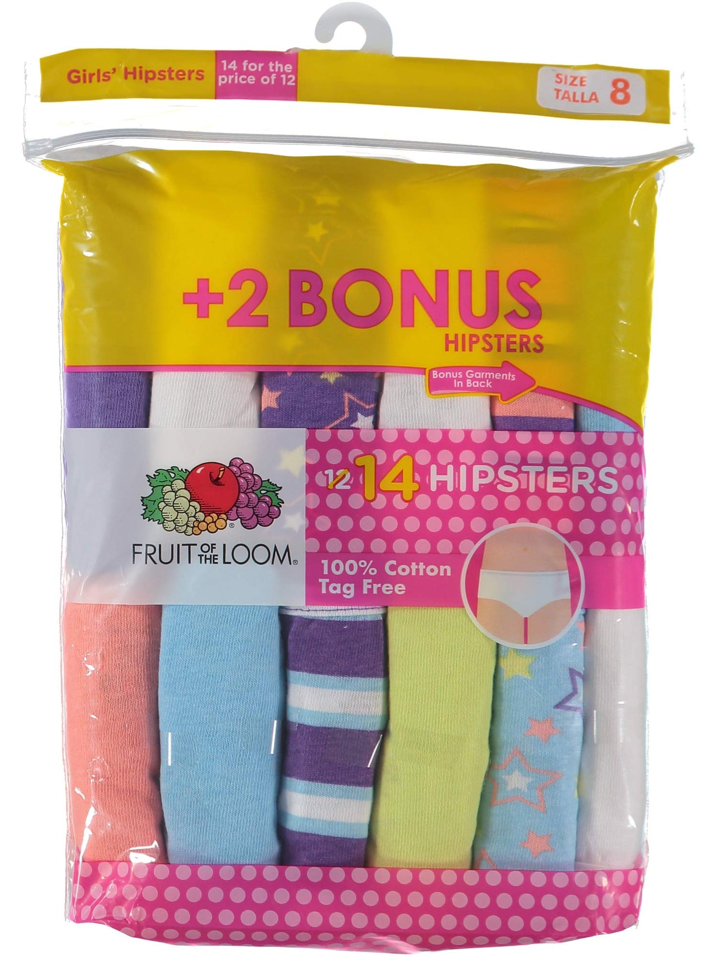 Fruit of the Loom Girls' Cotton Hipster Underwear (14 Pack - Cotton Assorted, 8, numeric_8)