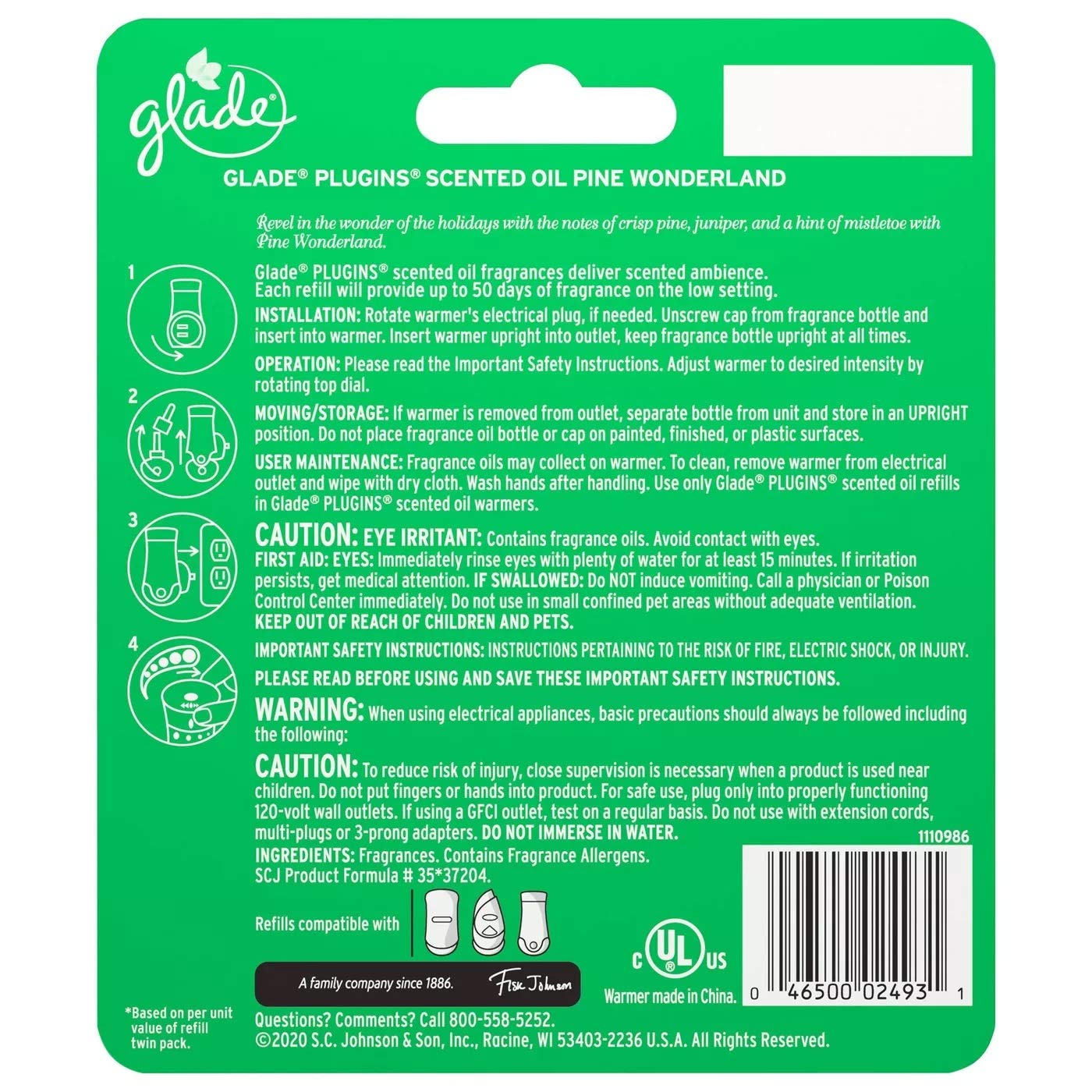Glade Plugins Scented Oil Refill - Pine Wonderland - 1 Count Refill & 1 Count Oil Warmer Per Package - Pack of 2 Packages
