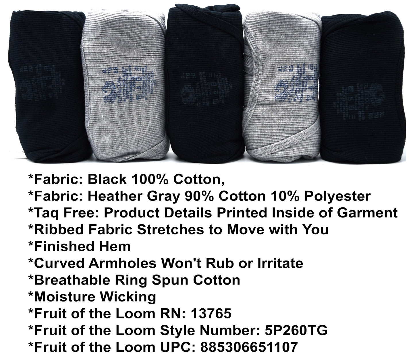 Fruit of the Loom 5-Pack Black/Grey A-Shirt 5P260TG