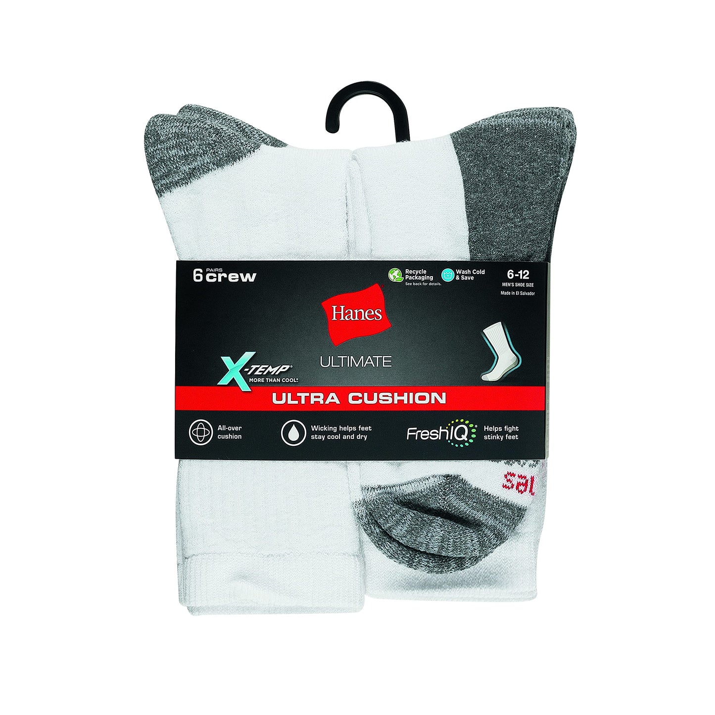 Hanes Ultimate Men Socks, 6-pair Hanes Ultimate Men s 6 Pack Ultra Cushion FreshIQ Odor Control with Wicking Crew Socks White, White, One Size US