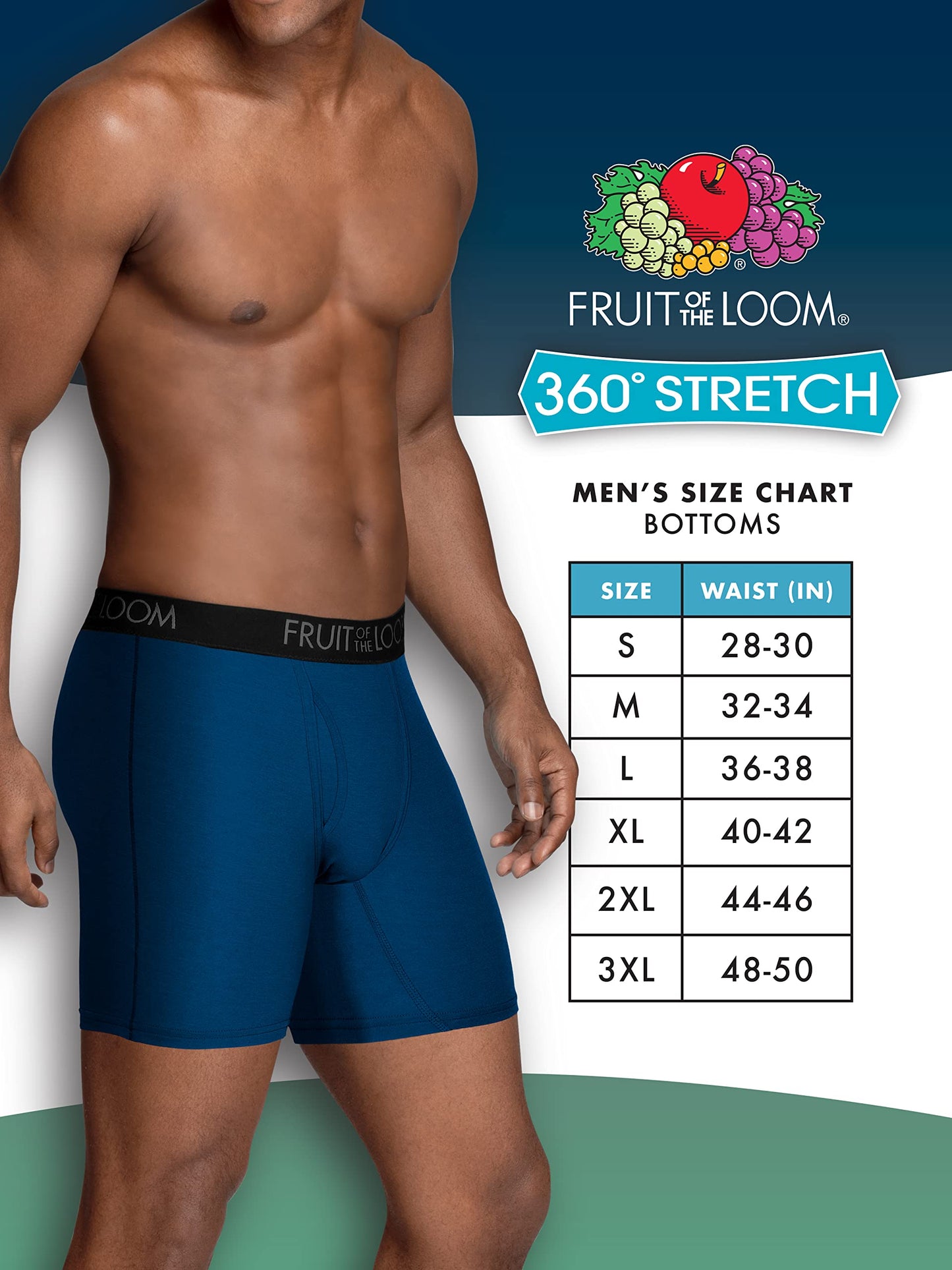 Fruit of the Loom Men's 360 Stretch Boxer Briefs (Quick Dry & Moisture Wicking), Trunk-5 Pack-Blue/Green/Black