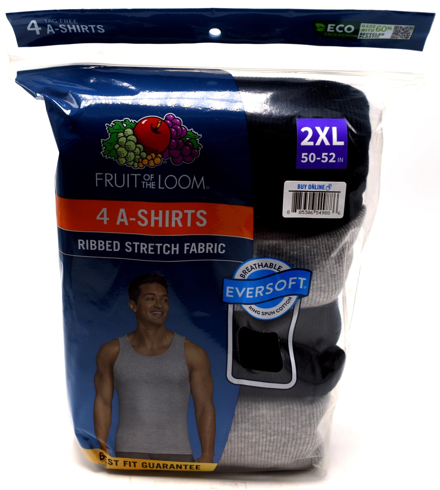 Fruit of the Loom Mens Black and Gray A-Shirts, 4 Pack, Extended Sizes, 2XL, Assorted