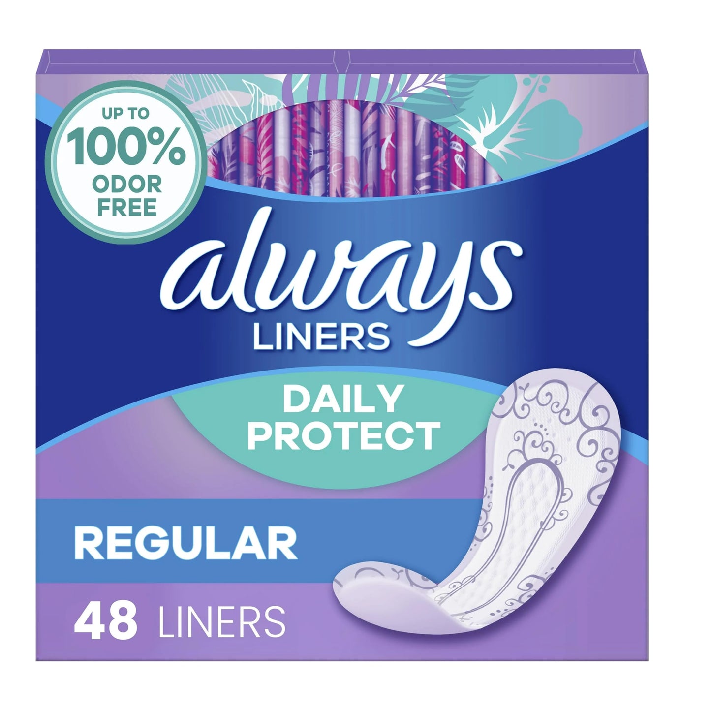 Always Radiant Pantyliners, Regular, Unscented, 48 Count, 2 Pack. (Includes 96 Pantiliners Total.)