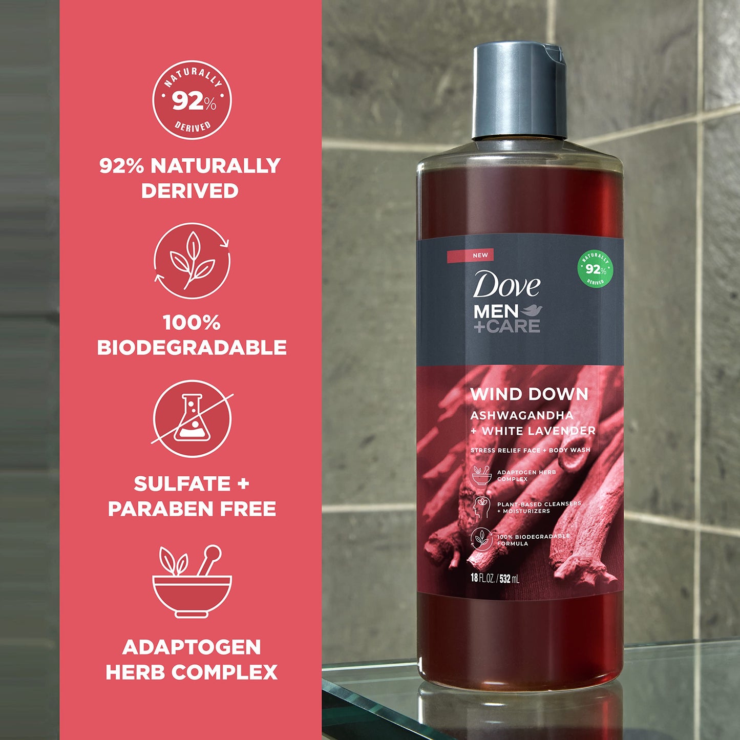 DOVE MEN + CARE Face + Body Wash For Men Wind Down Ashwagandha + White Lavender 18 oz 4 Count