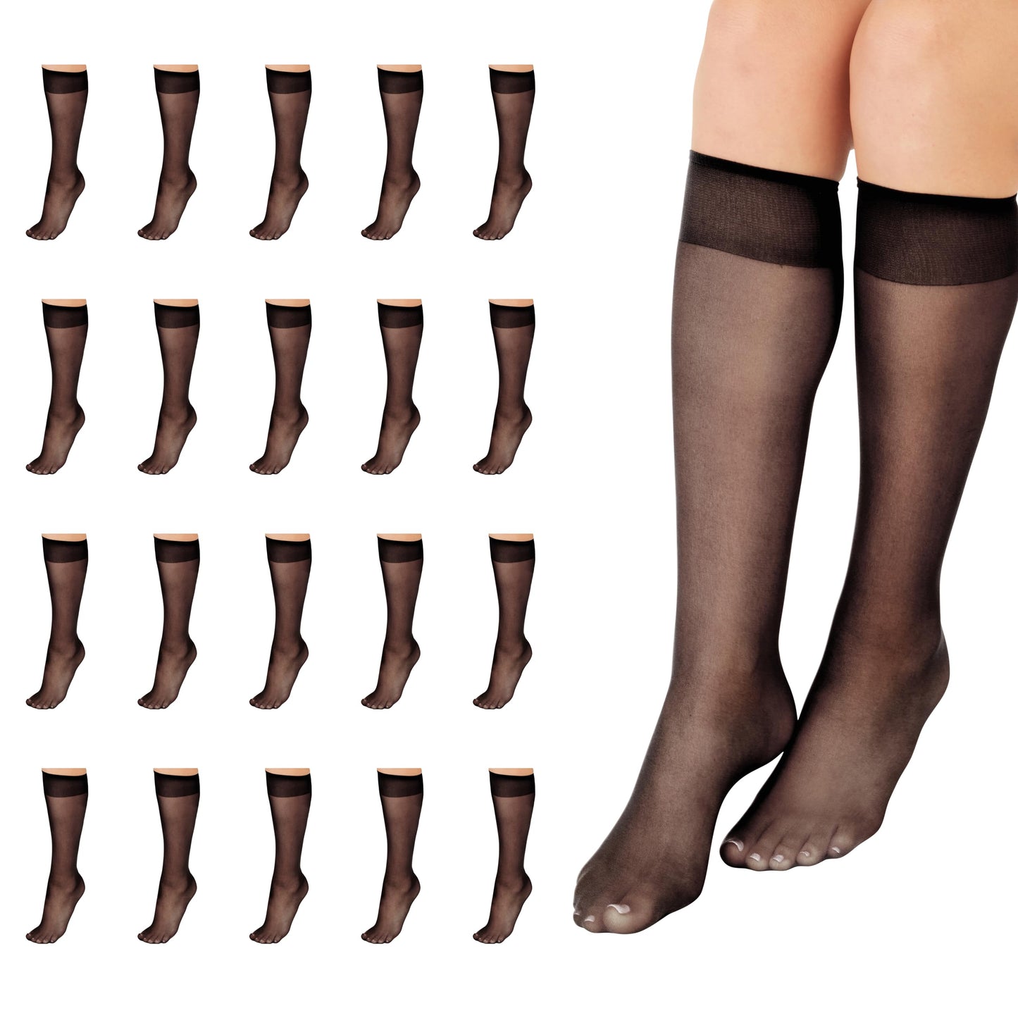 L'eggs Women's Everyday Knee-Highs, Sheer Toe, 100% Nylon, Off Black, One Size (Pack of 20)