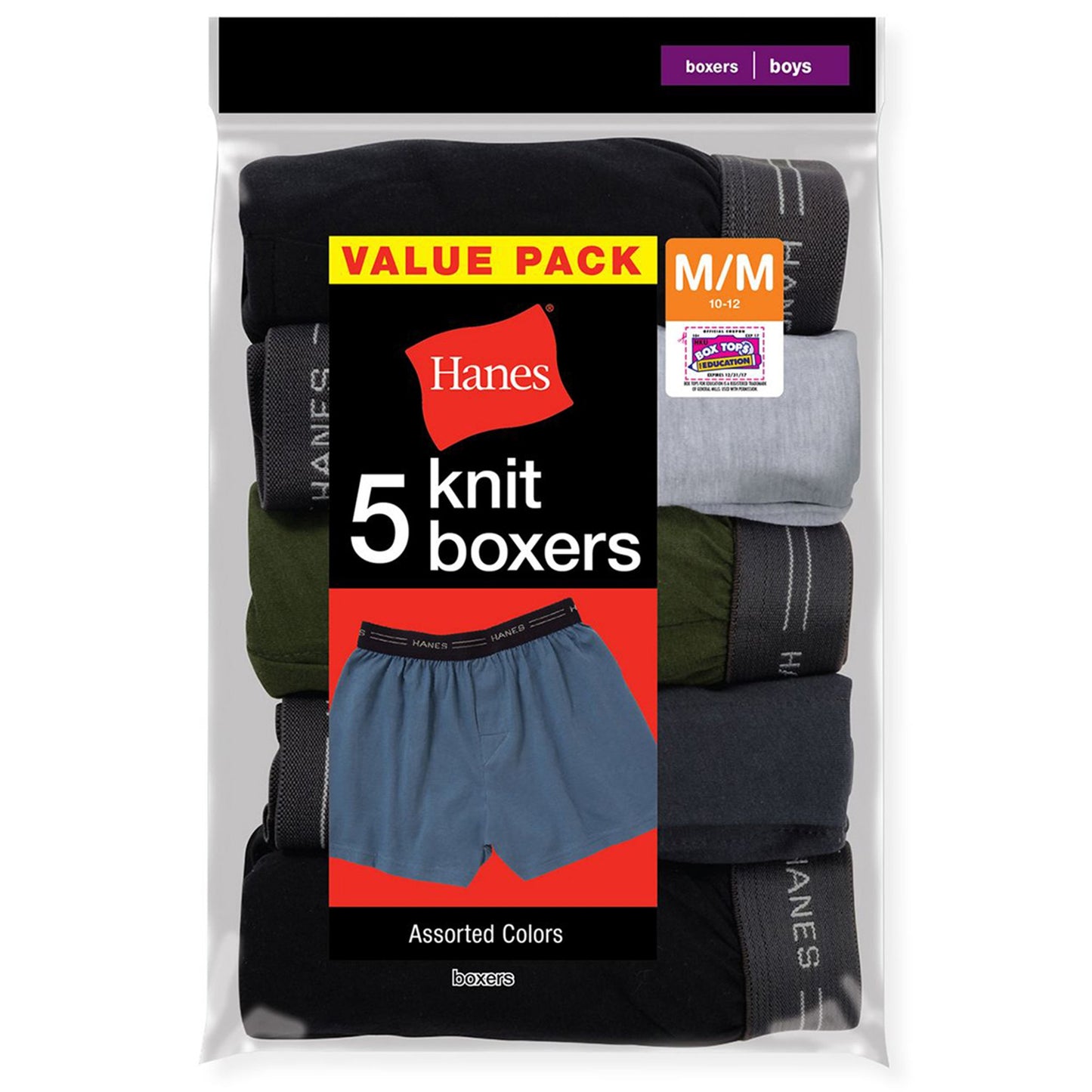 Hanes B539P5 Boy Exposed Elastic Knit Boxer - Assorted Solids, Large,5 Pack