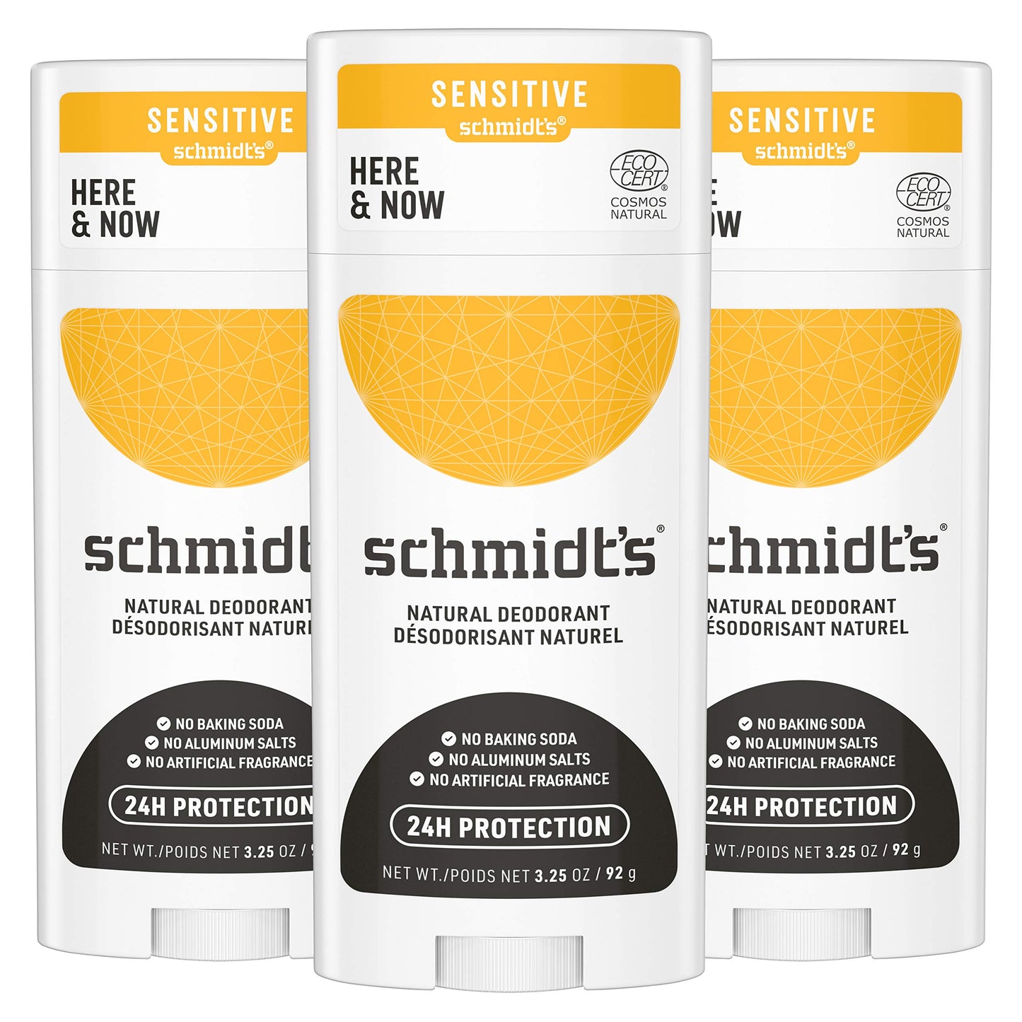 Schmidt's Aluminum Free Natural Deodorant for Women and Men, Here + Now for Sensitive Skin with 24 Hour Odor Protection, Certified Cruelty Free, Vegan Deodorant,3.25 Ounce (Pack of 3)