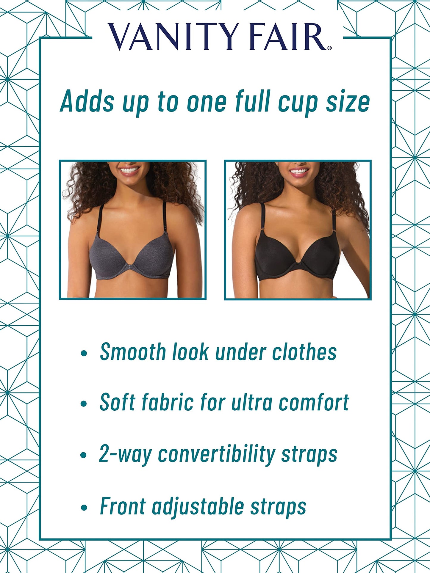 Vanity Fair Ego Boost, Adds Up to One Full Cup Size, Underwire Push Up Bras for Women, Ghost Navy, 36B