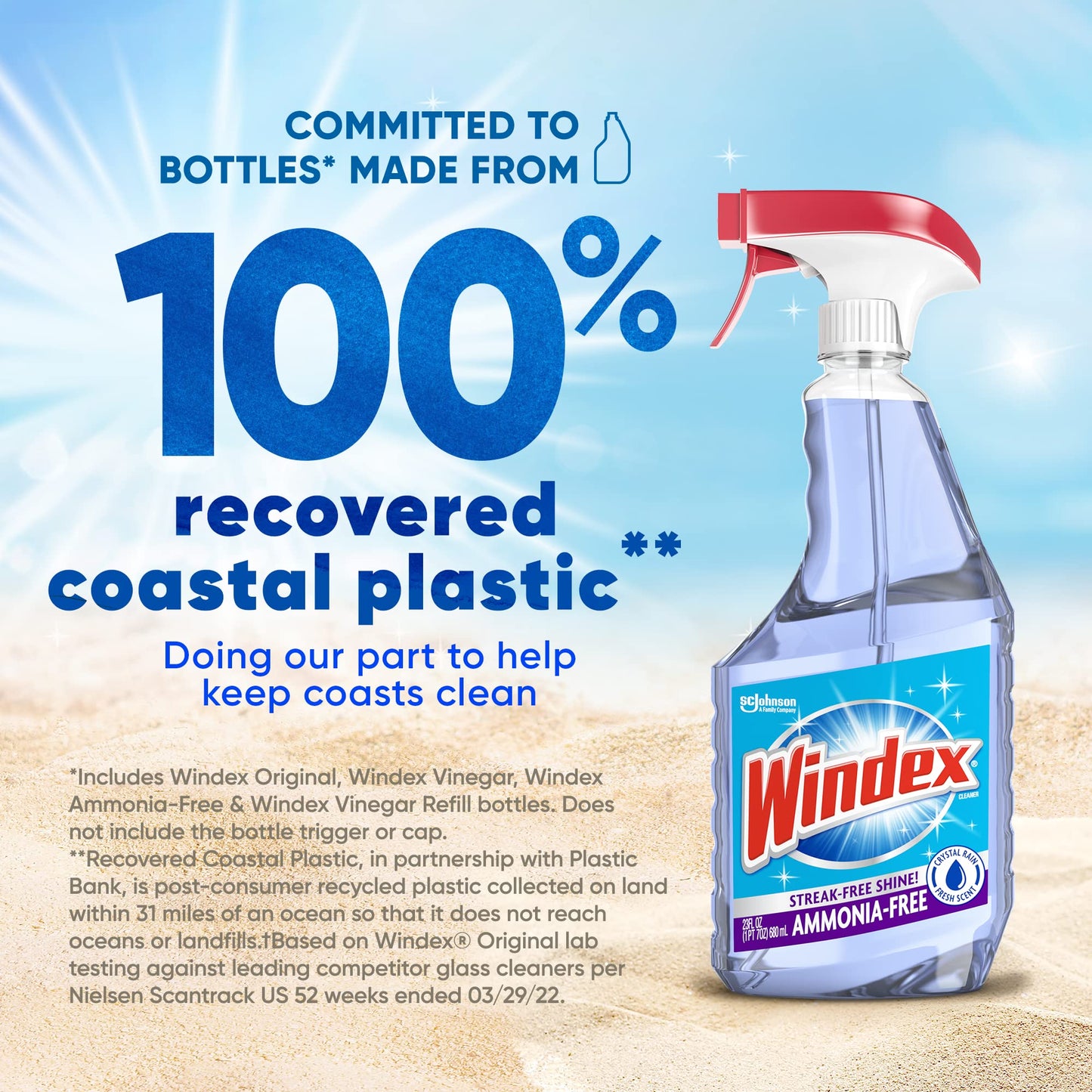 Windex Glass and Window Cleaner Spray Bottle, Ammonia Free, Bottle Made from 100% Recovered Coastal Plastic, Surface Cleaning Spray, Crystal Rain Scent, 32 Fl Oz