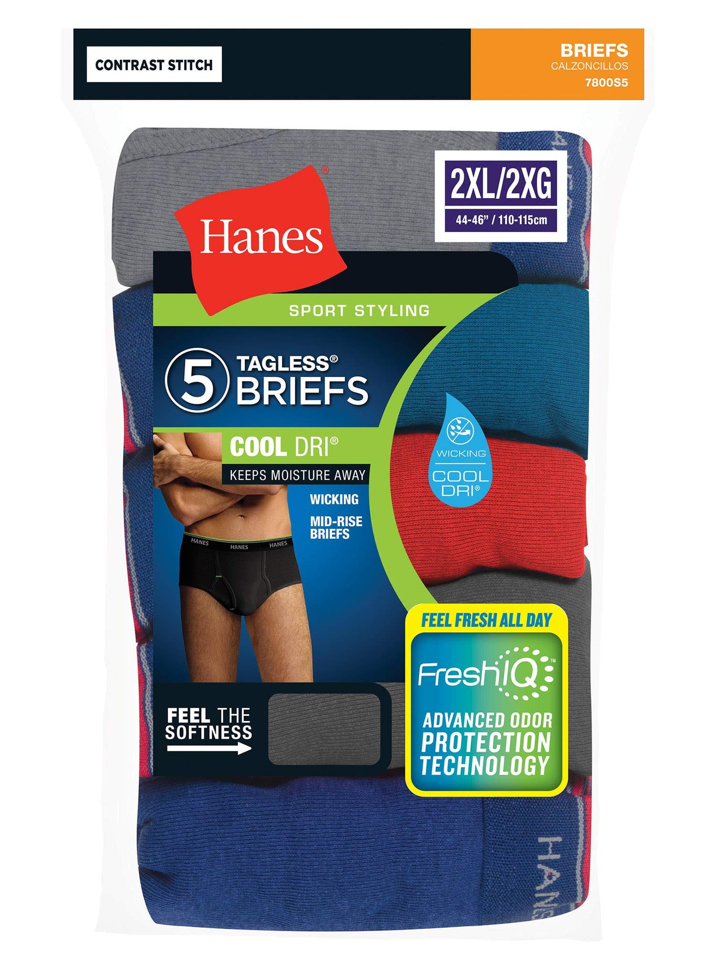 Hanes Men's Cotton Briefs Cool Dri Mid-Rise Sport Styling 5-Pack FreshIQ (Assorted- 5-Pack Briefs, 2XL)