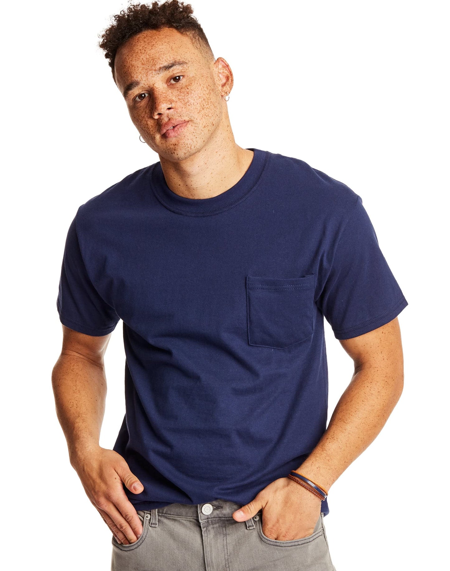 Hanes Mens Beefy-t Pocket T-shirt, Heavyweight Cotton Tee For Men, Full-cut 1 Or 2 Pack Fashion-t-shirts, Navy - 2 Pack, X-Large US
