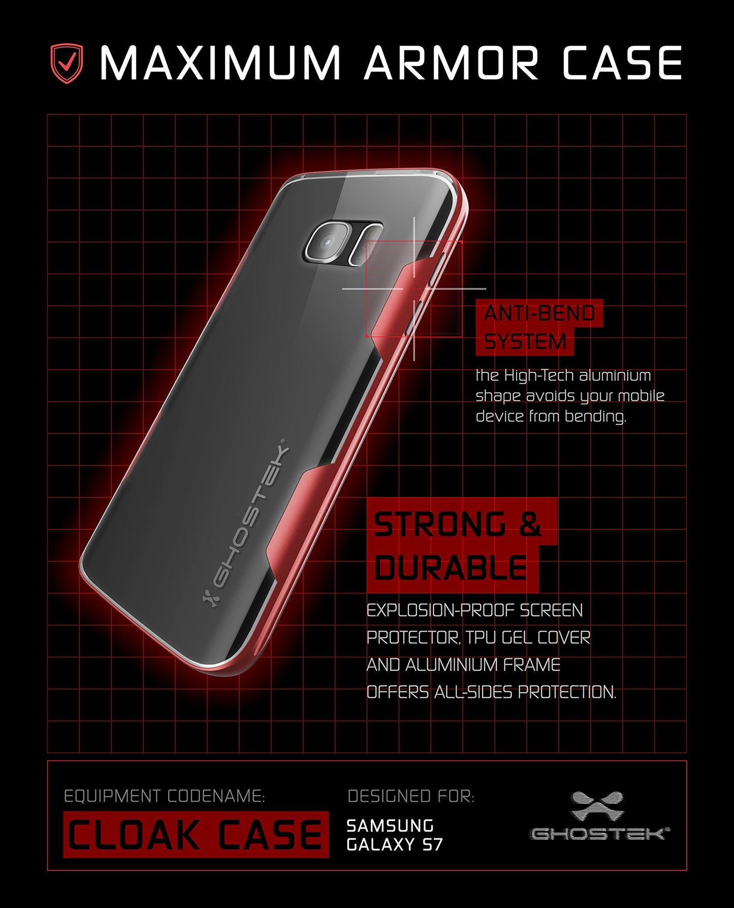 Galaxy S7 Case, Ghostek Cloak Series for Samsung Galaxy S7 Slim Protective Armor Case Cover | Explosion-Proof Screen Protector | Aluminum Frame | TPU Shell Exchange (Red)