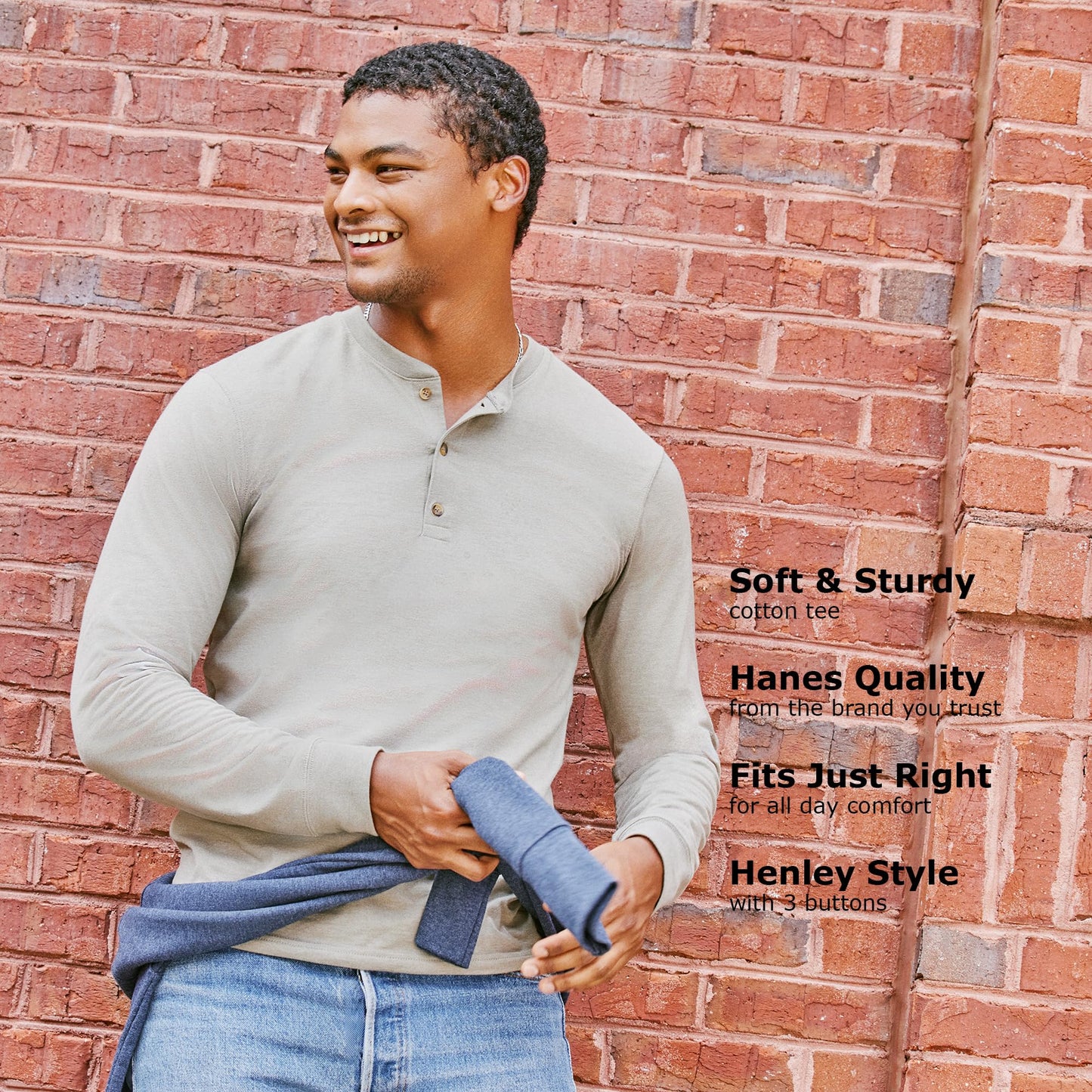 Hanes mens Beefy Long Sleeve Three-button Henley Shirt, Oxford Gray/Navy Heather, Large US