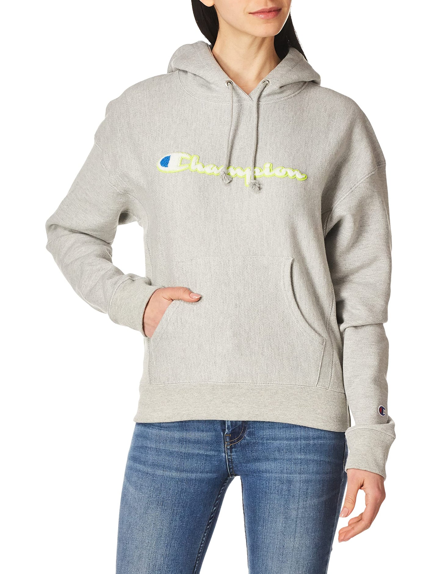 Champion Women's Reverse Weave Hoodie, Script Logo, White-Y07781, Small