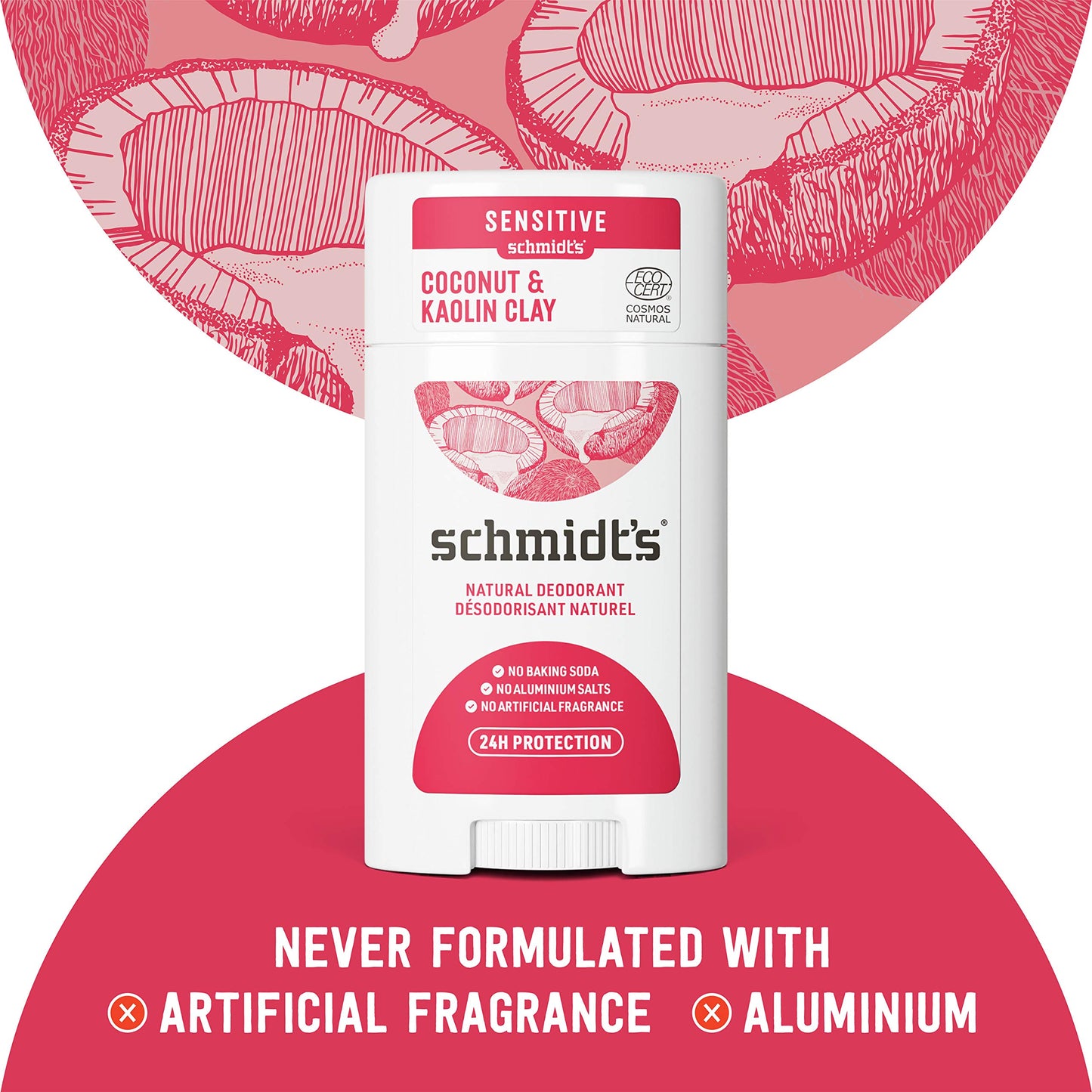 Schmidt's Aluminum Free Natural Deodorant Coconut & Kaolin Clay 2-pk for Women and Men, with 24 Hour Odor Protection, Certified Natural, Cruelty Free, Vegan Deodorant 2.65oz