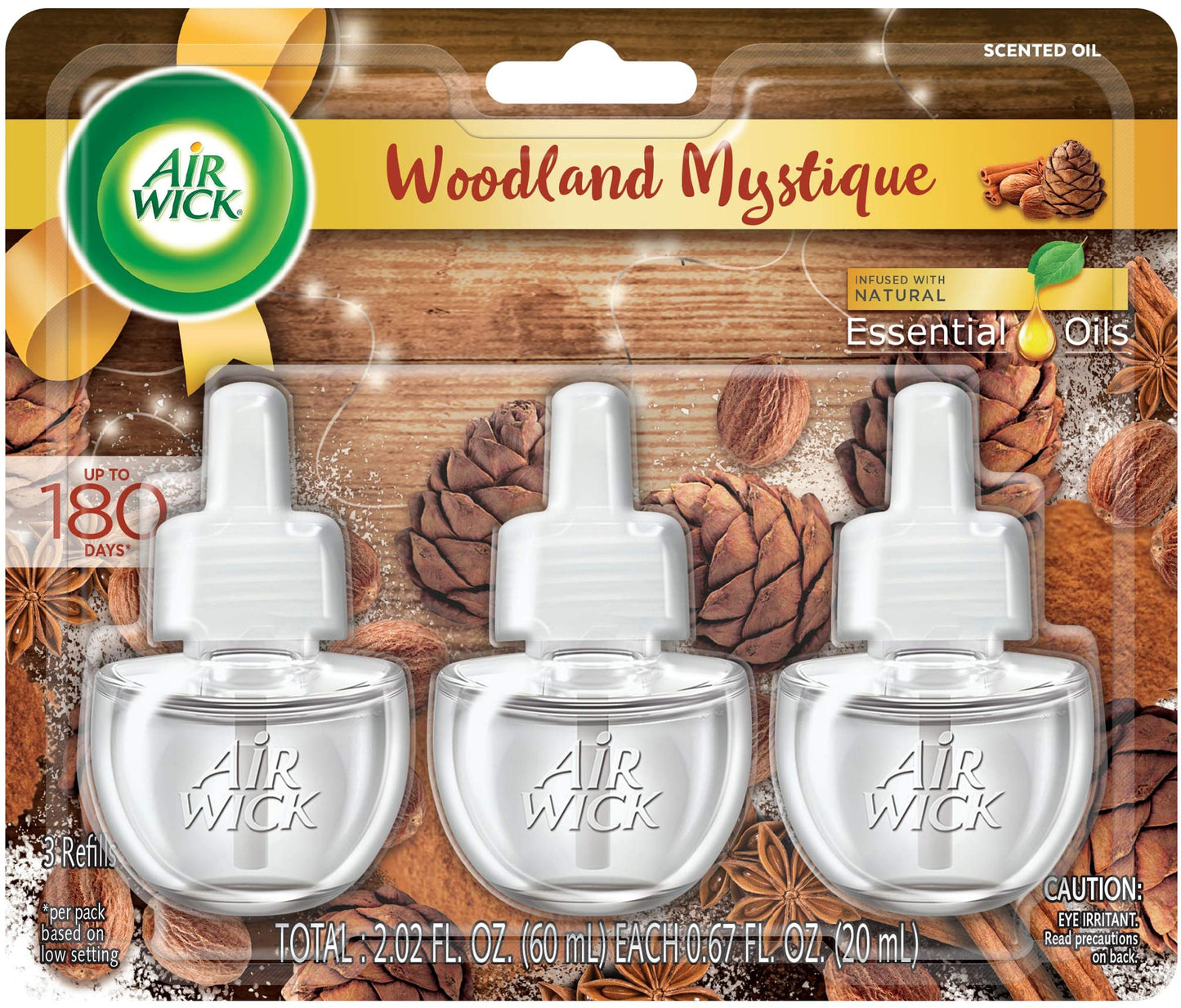 Air Wick Plug in Scented Oil, Woodland Mystique, Fall scent, Fall spray, (3x0.67oz), Essential Oils, Air Freshener, Packaging May Vary, 3 Count