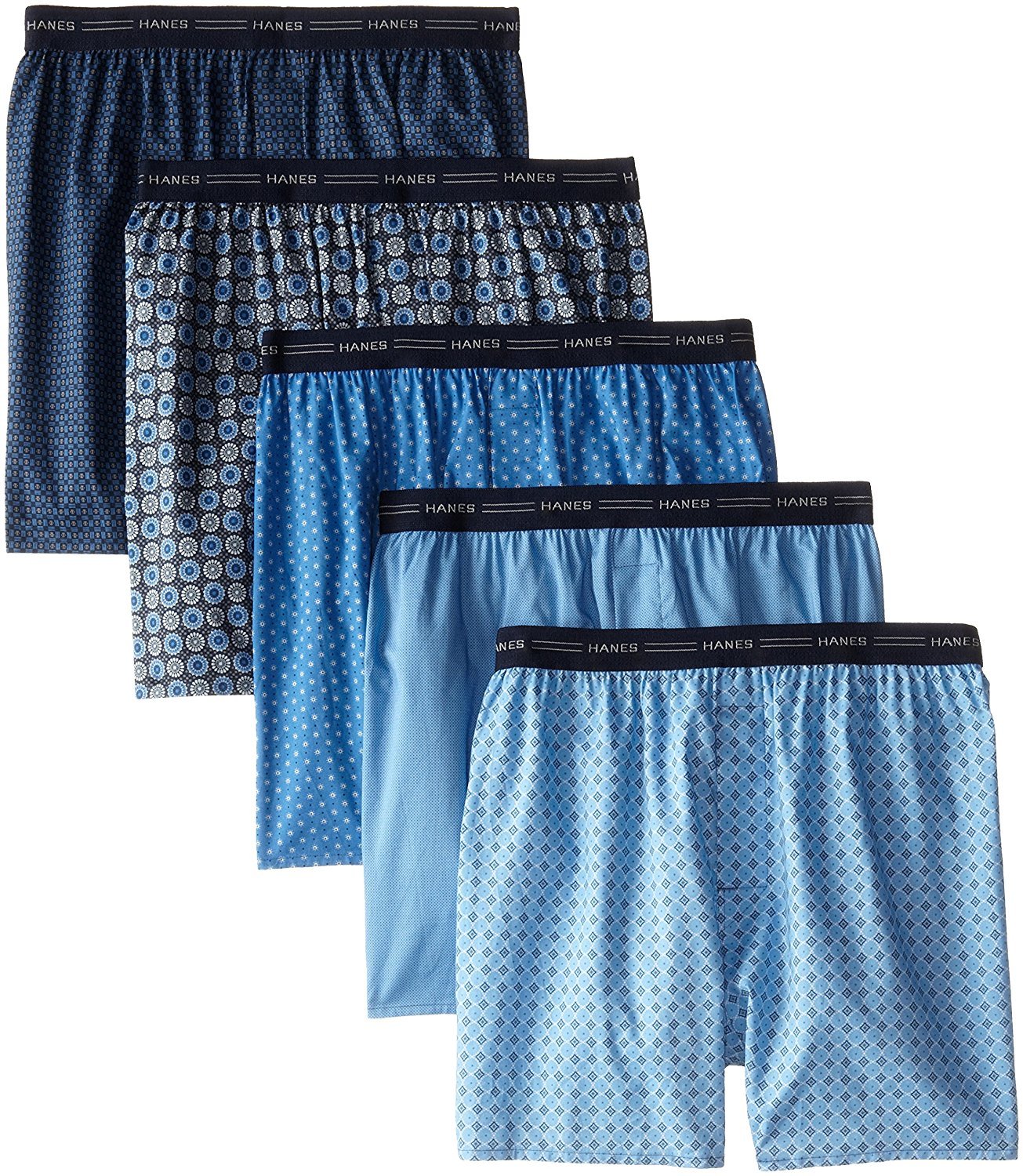 Hanes Red Label Men's 5-Pack FreshIQ Printed Woven Exposed Waistband Boxers - Colors May Vary (Colors May Vary, Medium)