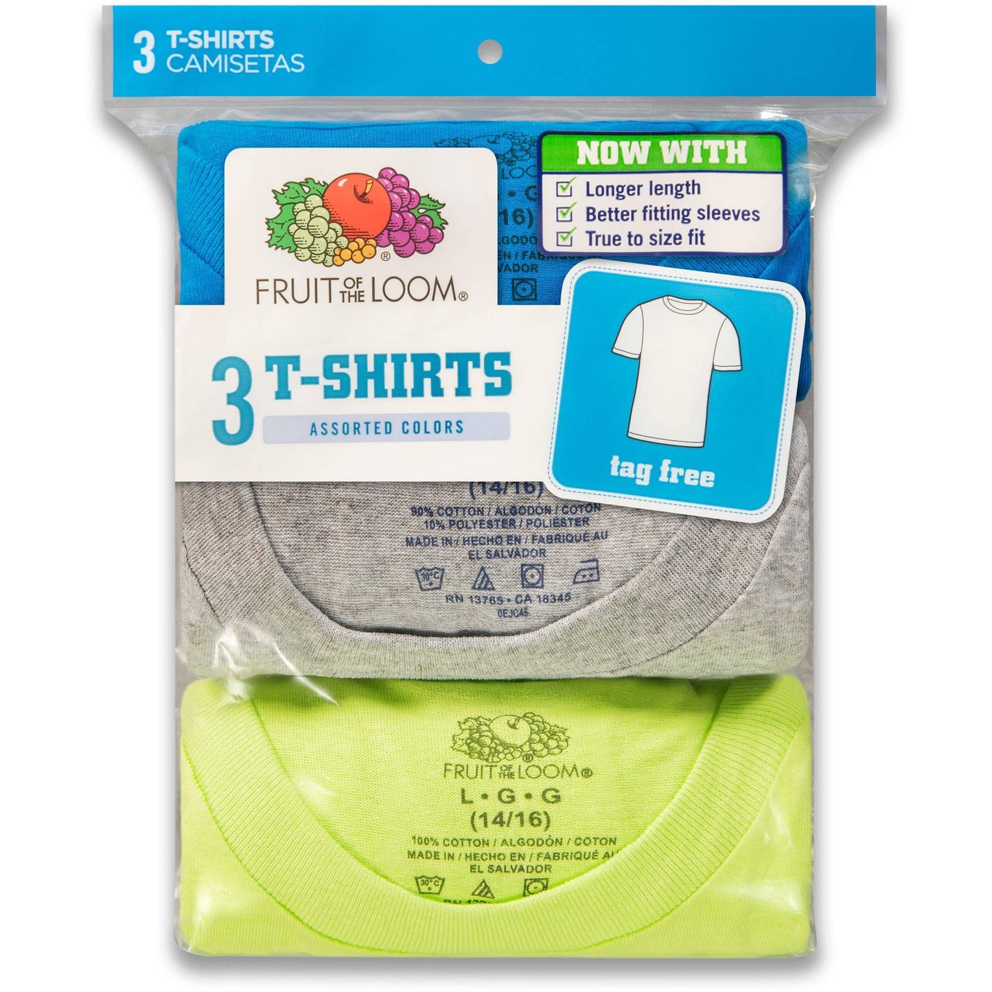 Fruit of the Loom Boys 3Pack Asstd Crew-Neck T-Shirts Kids Undershirts XL