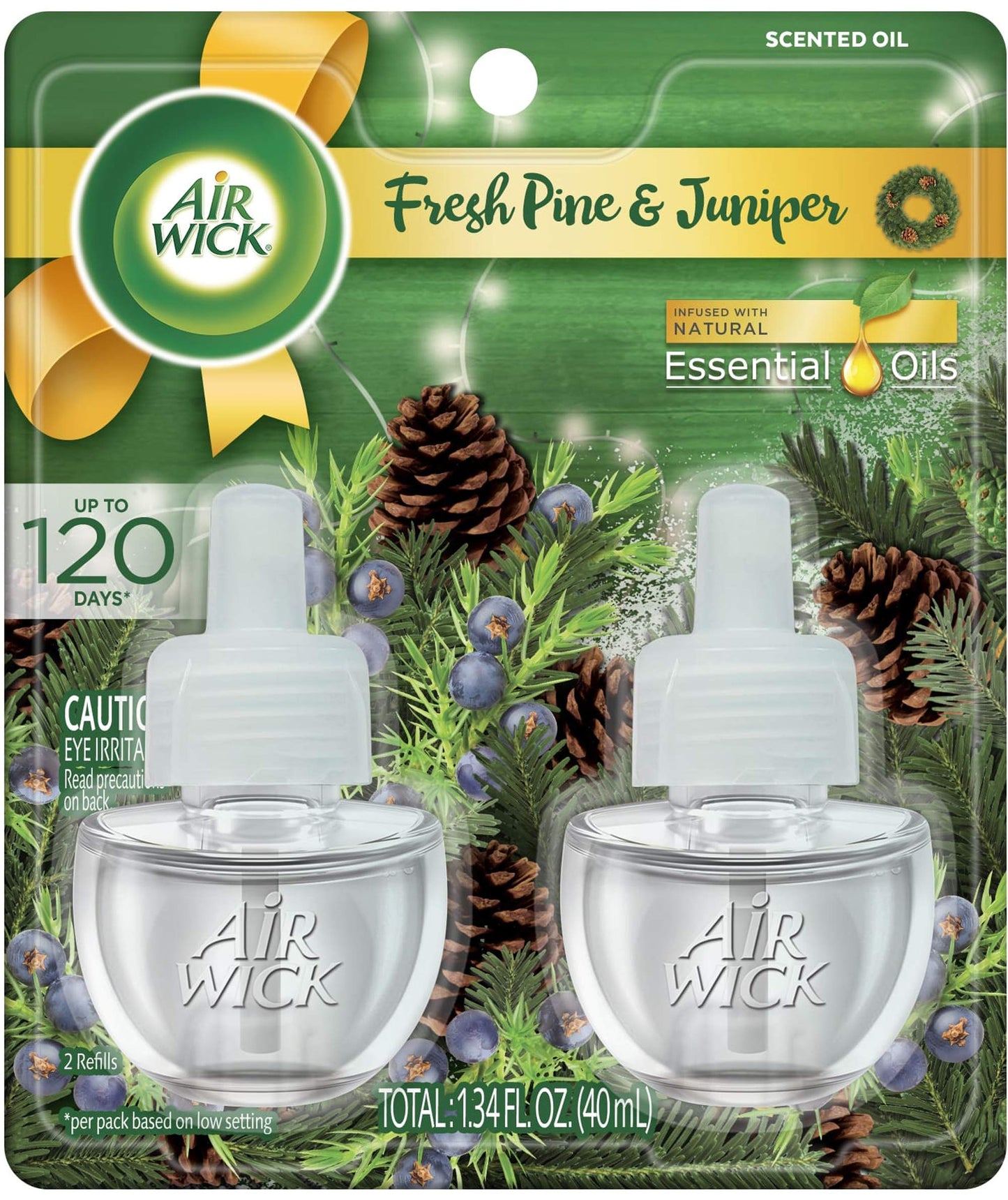 Air Wick Plug in Scented Oil 2 Refills, Fresh Pine and Juniper, Fall scent, Fall spray, (2x0.67oz), Essential Oils, Air Freshener, Packaging May Vary