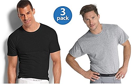 Hanes Men's 3Pack Crew Neck Tagless Black-Grey Undershirts Crewneck T-Shirt 2XL