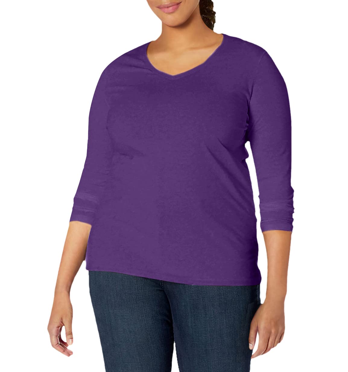 JUST MY SIZE womens Just My Size Women's Plus Size Vneck Long Sleeve Tee Shirt, White, 2X US