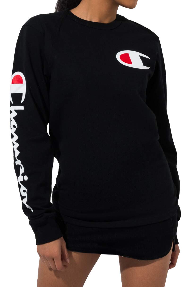 Champion Men's Long-Sleeve, Heritage Tee, Heavyweight Crewneck T-Shirt, White Double Logo, Medium