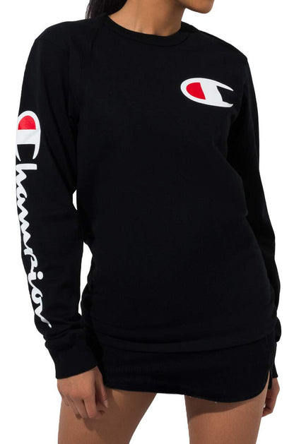 Champion Men's Long-Sleeve, Heritage Tee, Heavyweight Crewneck T-Shirt, White Double Logo, Medium