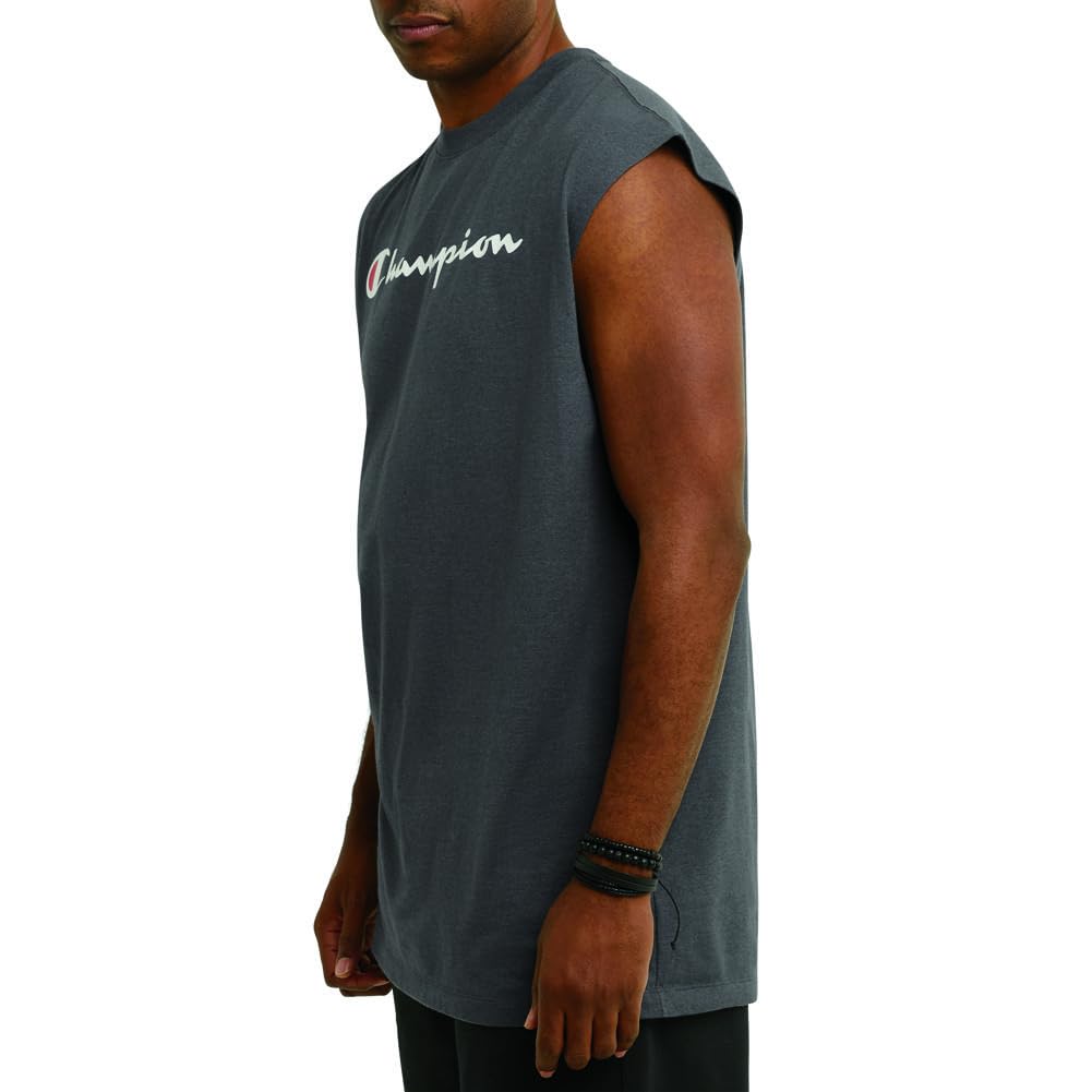 Champion Mens Muscle Tank, Classic Graphic Tee, Sleeveless T-shirt For (Reg. Or Big & Tall), Granite Heather Script, X-Large US