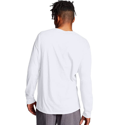 Champion Men's Long-Sleeve, Heritage Tee, Heavyweight Crewneck T-Shirt, White Double Logo, Medium