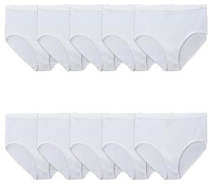 Fruit of the Loom Women's Eversoft Underwear, Tag Free & Breathable, Available in Plus Size, Brief-Cotton-6 Pack-White, 9