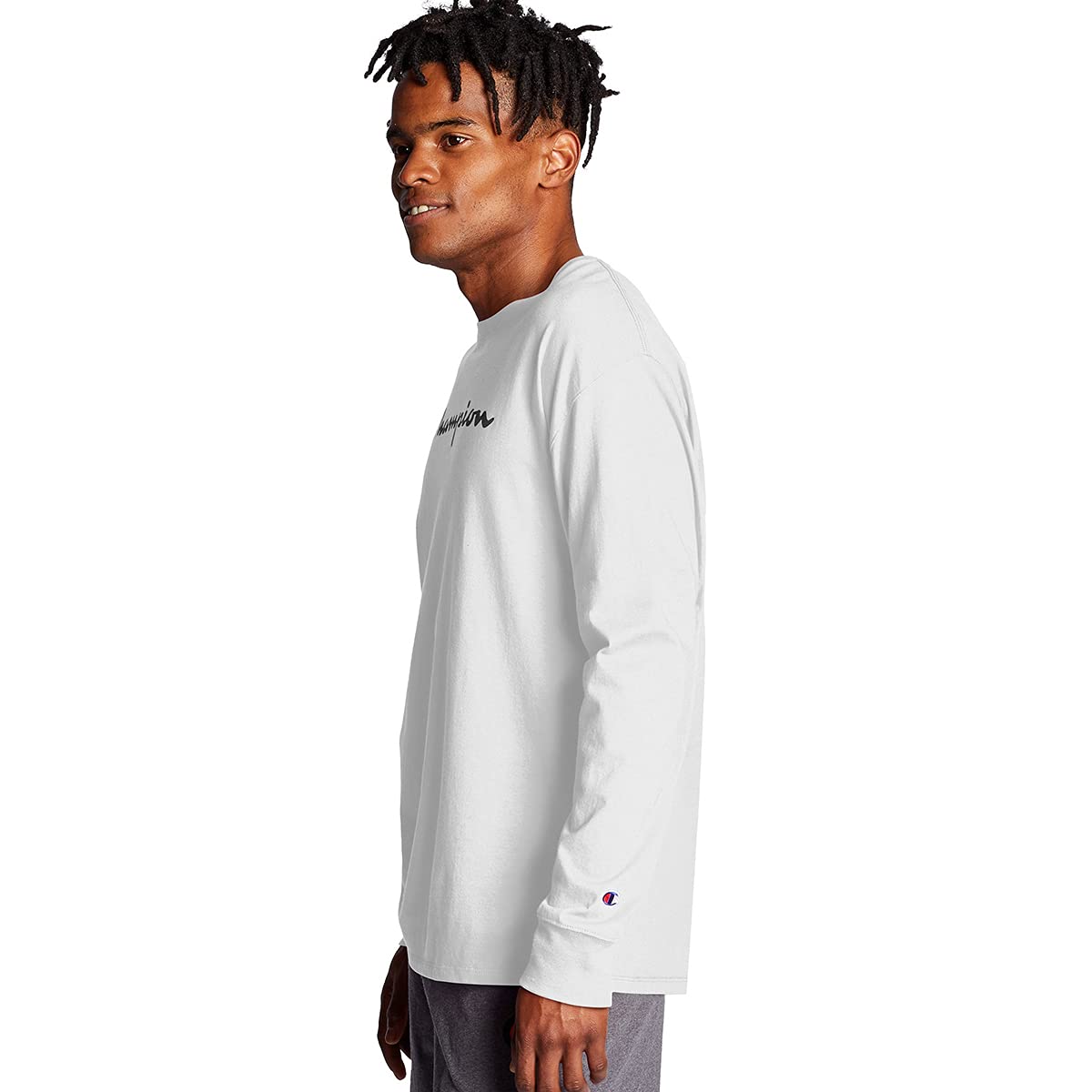 Champion Men's Long-Sleeve, Heritage Tee, Heavyweight Crewneck T-Shirt, White Double Logo, Medium