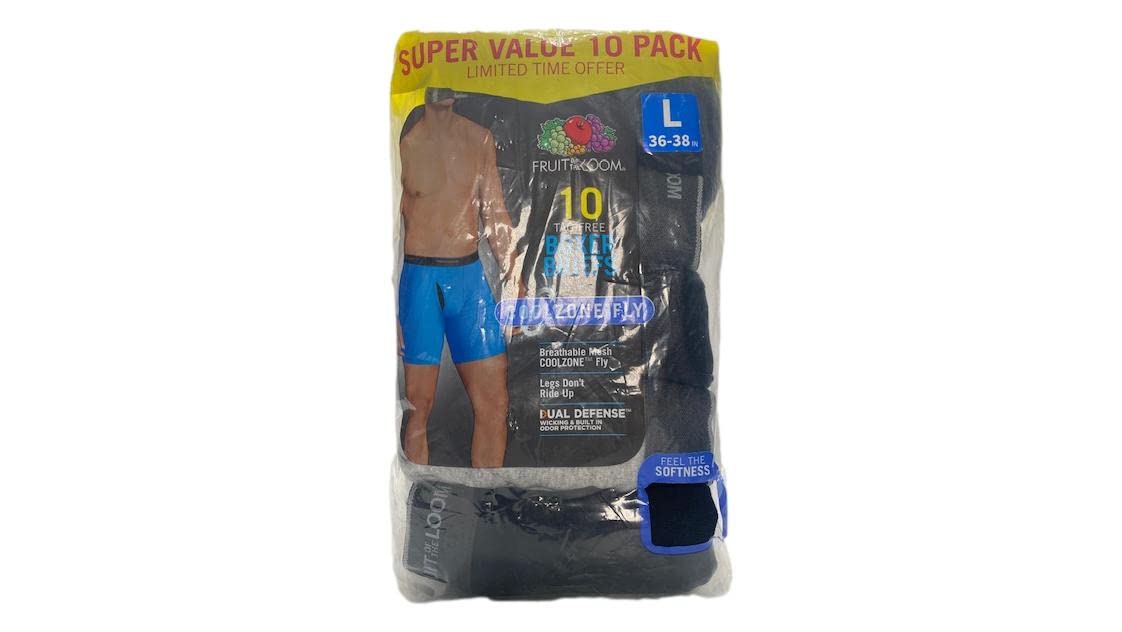 Fruit of the Loom Boxer Briefs 10 Pack (Coolzone Fly) (Large) Black/Gray