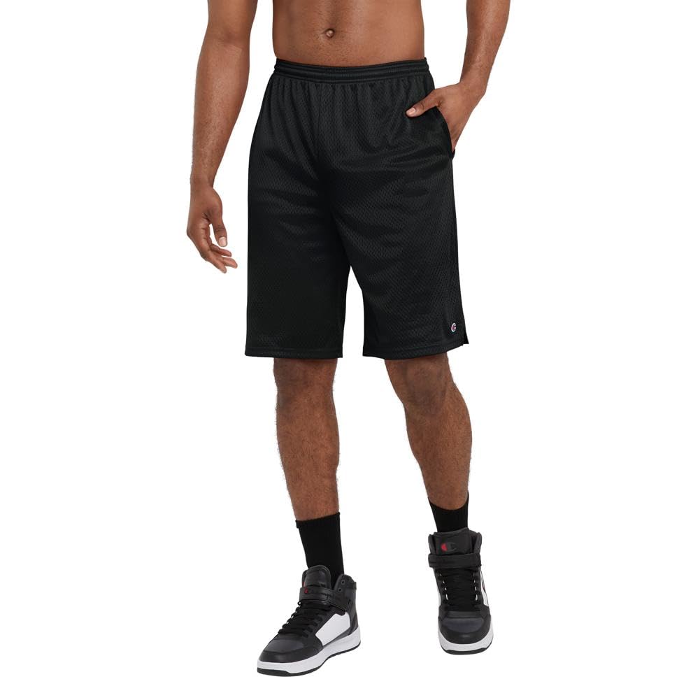 Champion Mesh Gym, Lightweight Athletic Shorts for Men (Reg. or Big, Black C Patch Logo, Large Tall